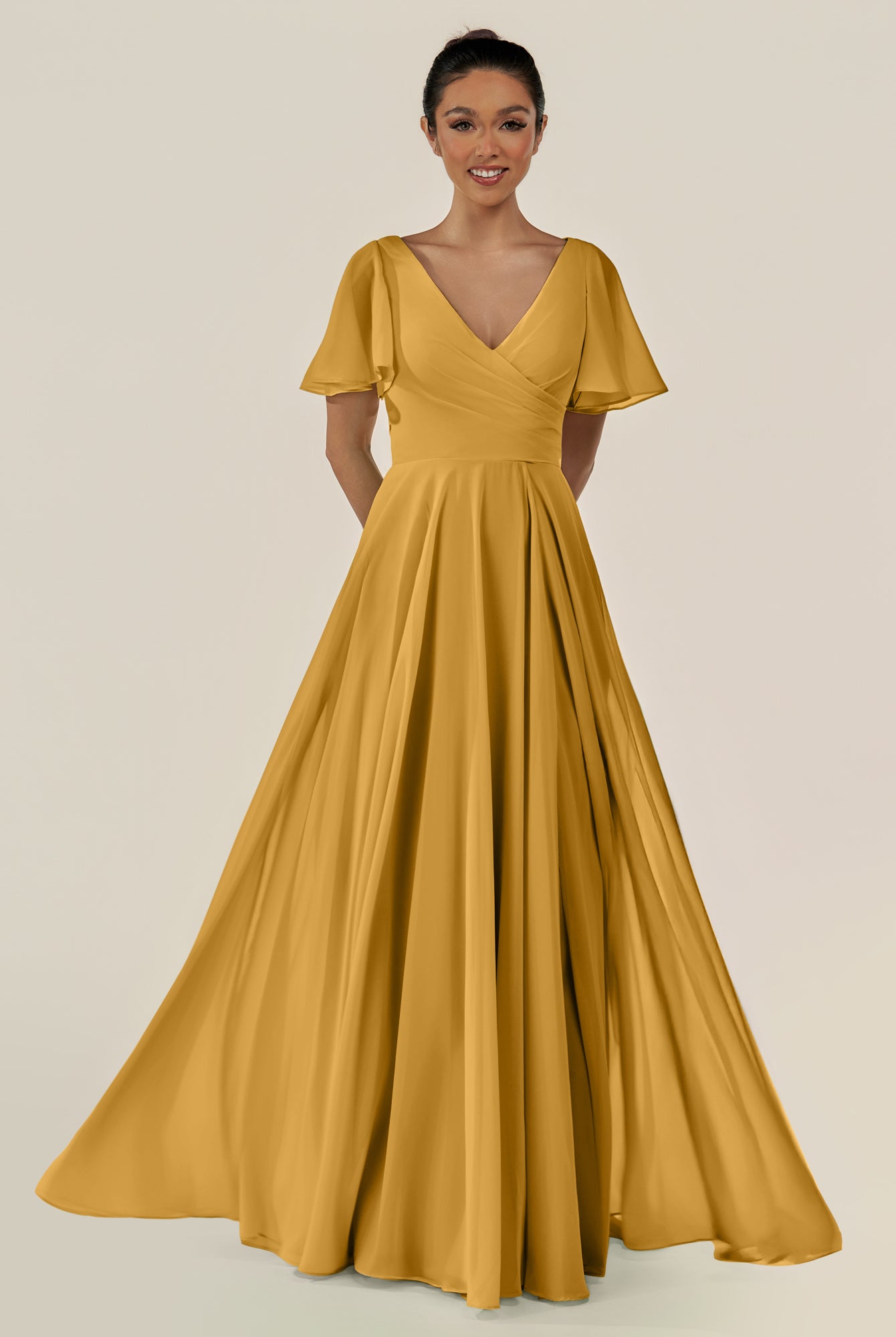 KissDress-Jania Marigold A Line Chiffon V Neck Long Bridesmaid Dress with Flutter Sleeves