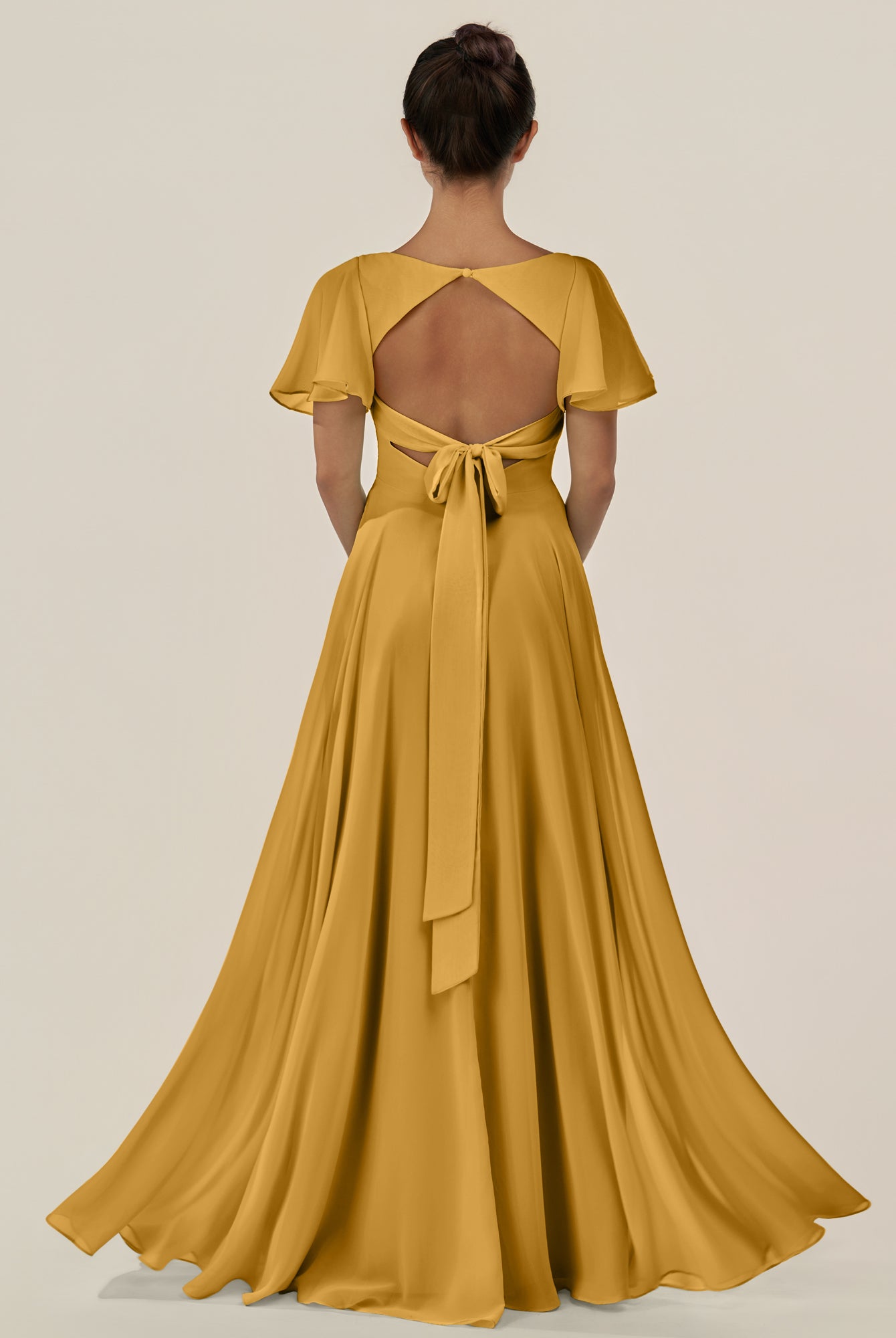 KissDress-Jania Marigold A Line Chiffon V Neck Long Bridesmaid Dress with Flutter Sleeves