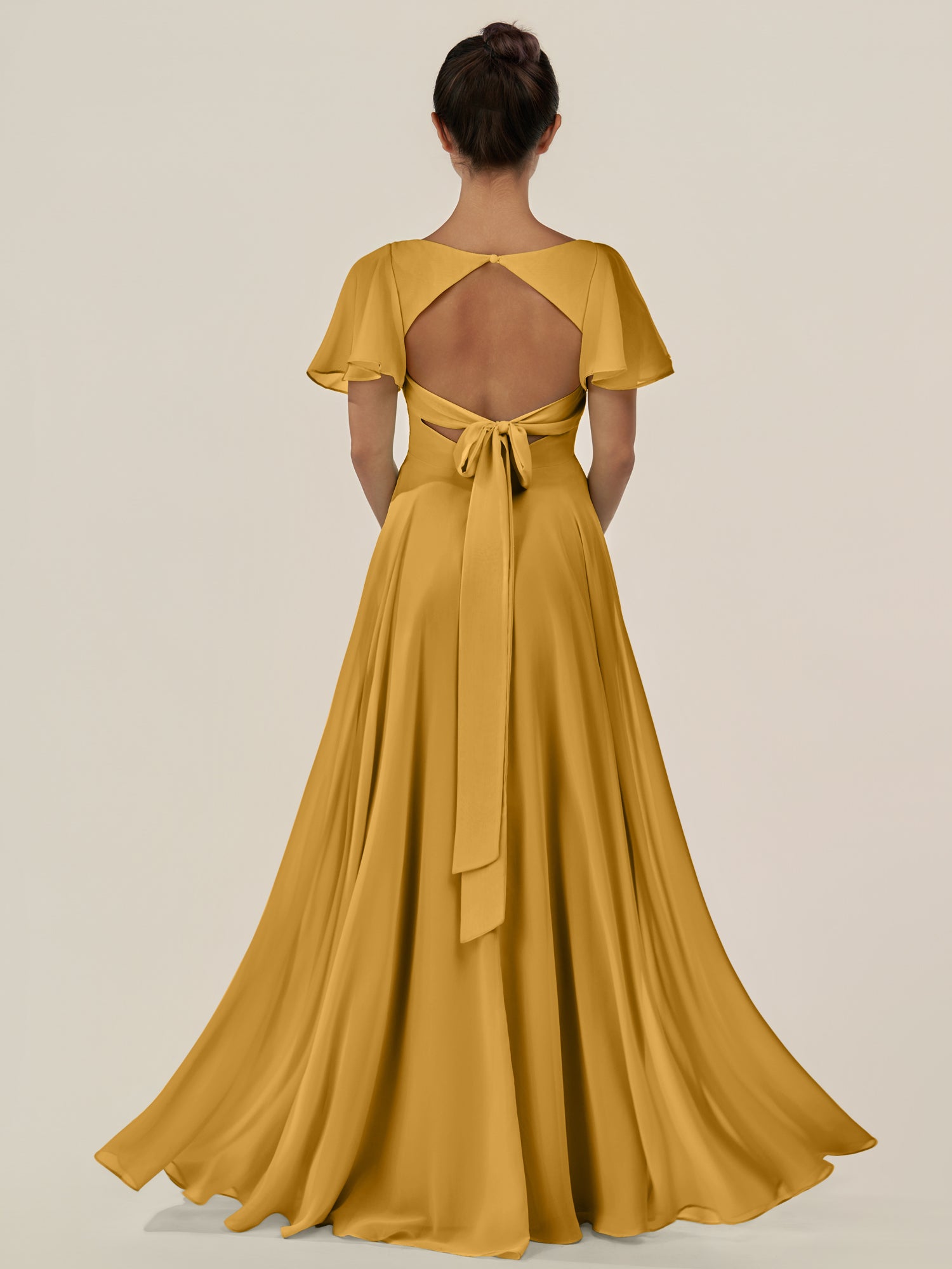 KissDress-Jania Marigold A Line Chiffon V Neck Long Bridesmaid Dress with Flutter Sleeves