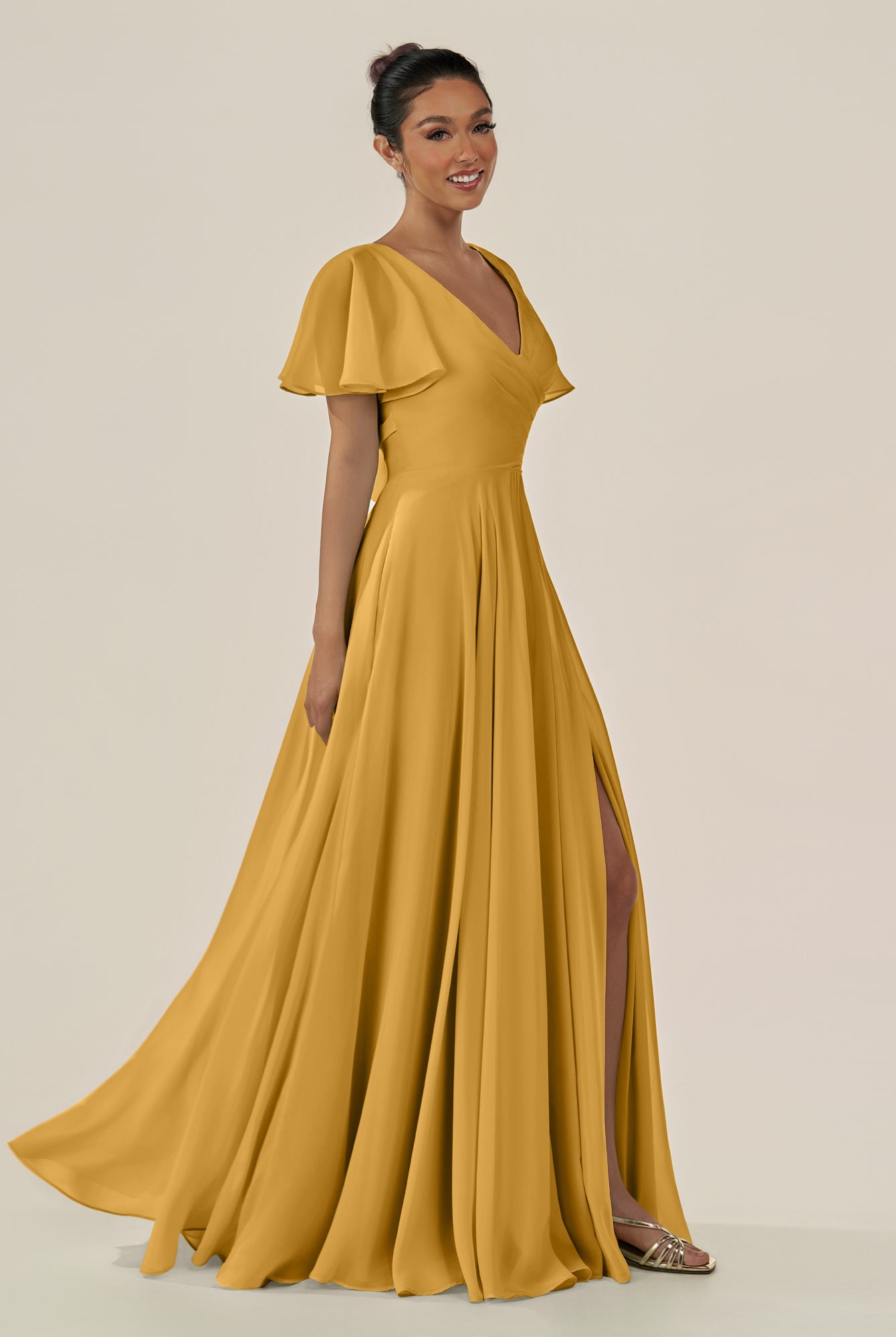 KissDress-Jania Marigold A Line Chiffon V Neck Long Bridesmaid Dress with Flutter Sleeves