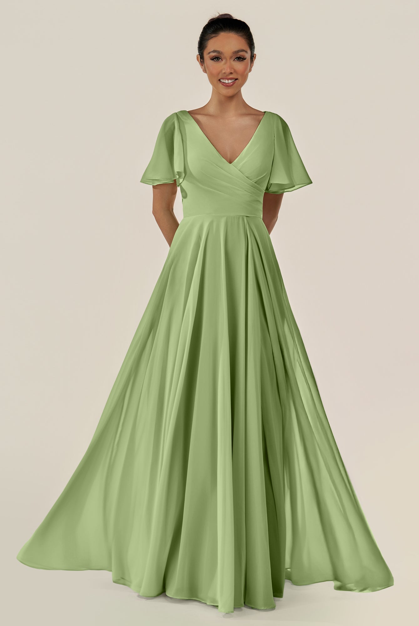 KissDress-Jania Matcha A Line Chiffon V Neck Long Bridesmaid Dress with Flutter Sleeves