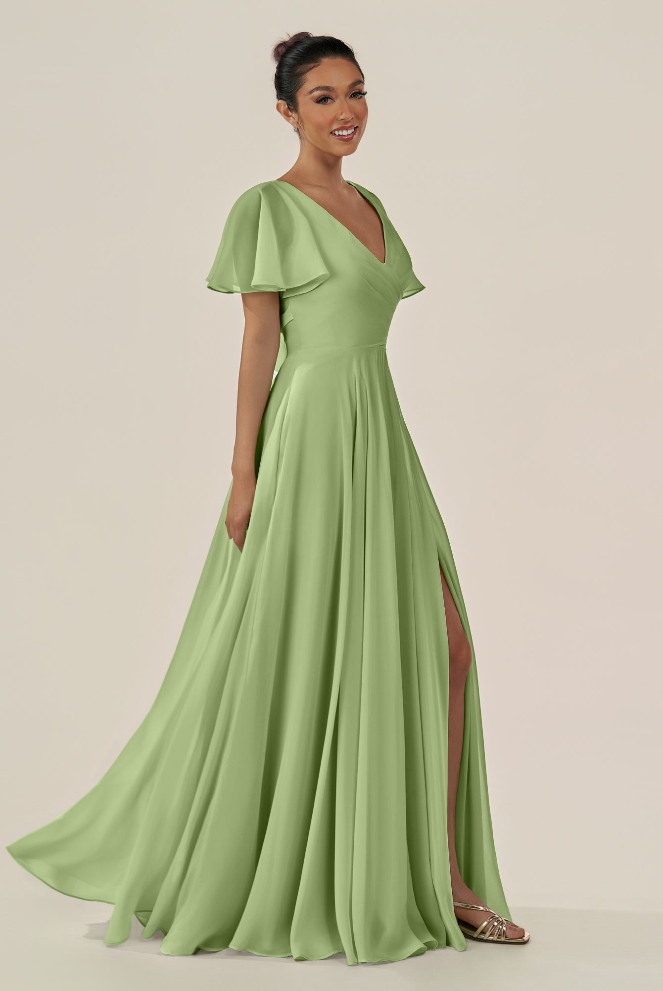 KissDress-Jania Matcha A Line Chiffon V Neck Long Bridesmaid Dress with Flutter Sleeves