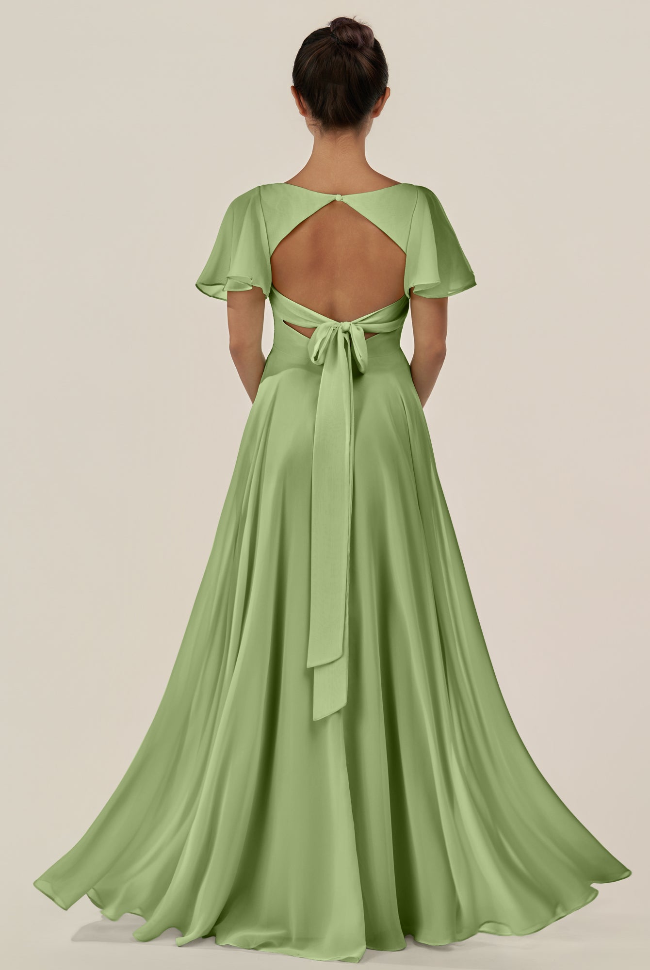 KissDress-Jania Matcha A Line Chiffon V Neck Long Bridesmaid Dress with Flutter Sleeves