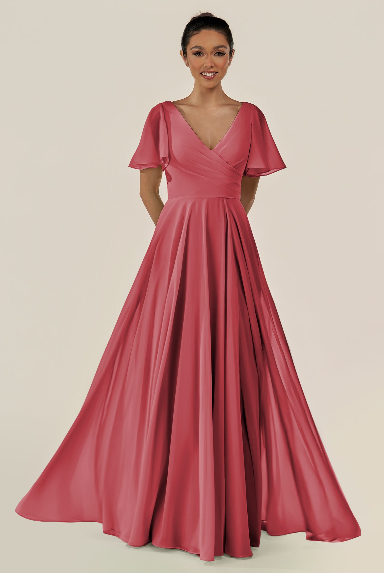 KissDress-Jania Merlot A Line Chiffon V Neck Long Bridesmaid Dress with Flutter Sleeves