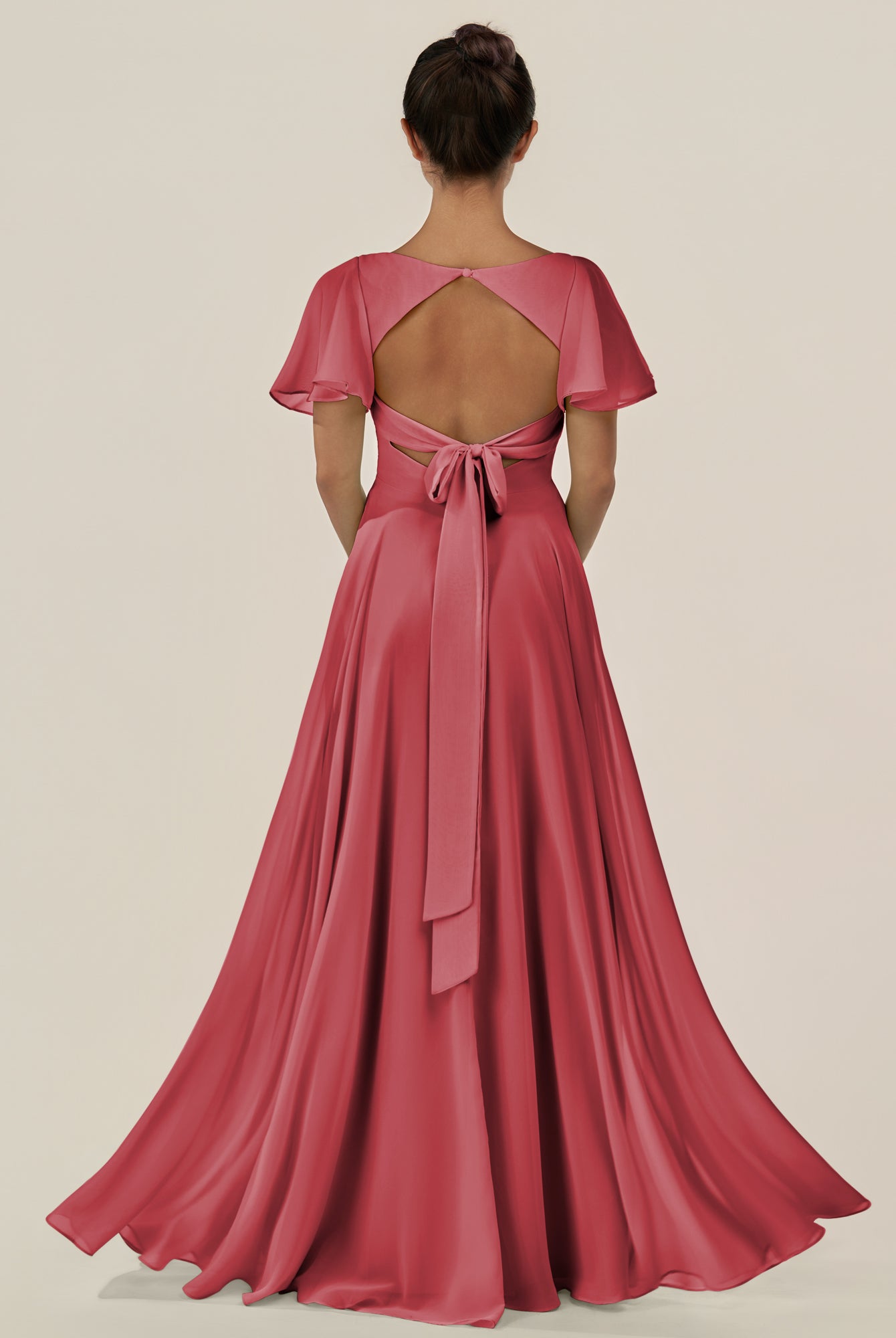 KissDress-Jania Merlot A Line Chiffon V Neck Long Bridesmaid Dress with Flutter Sleeves