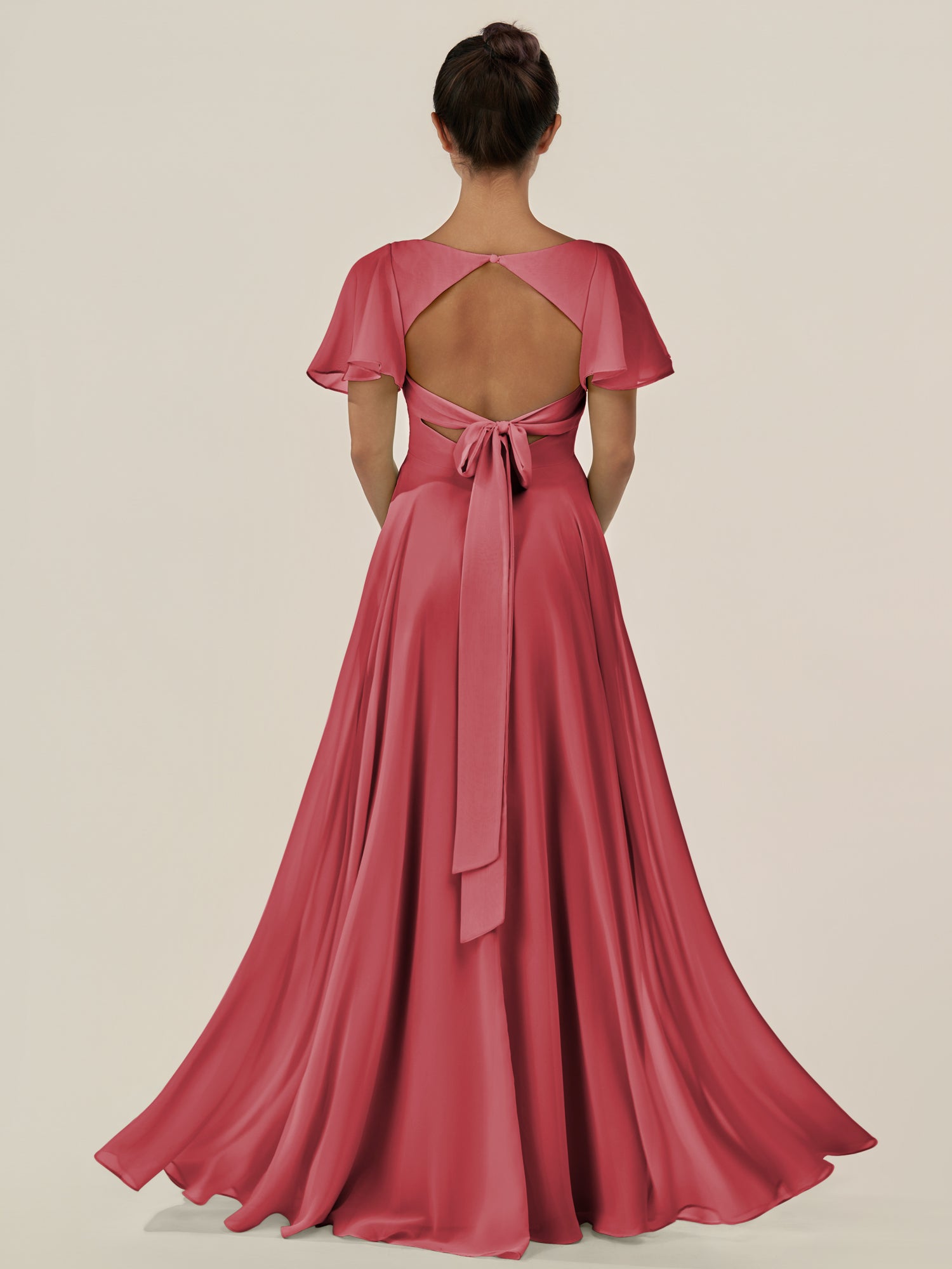 KissDress-Jania Merlot A Line Chiffon V Neck Long Bridesmaid Dress with Flutter Sleeves