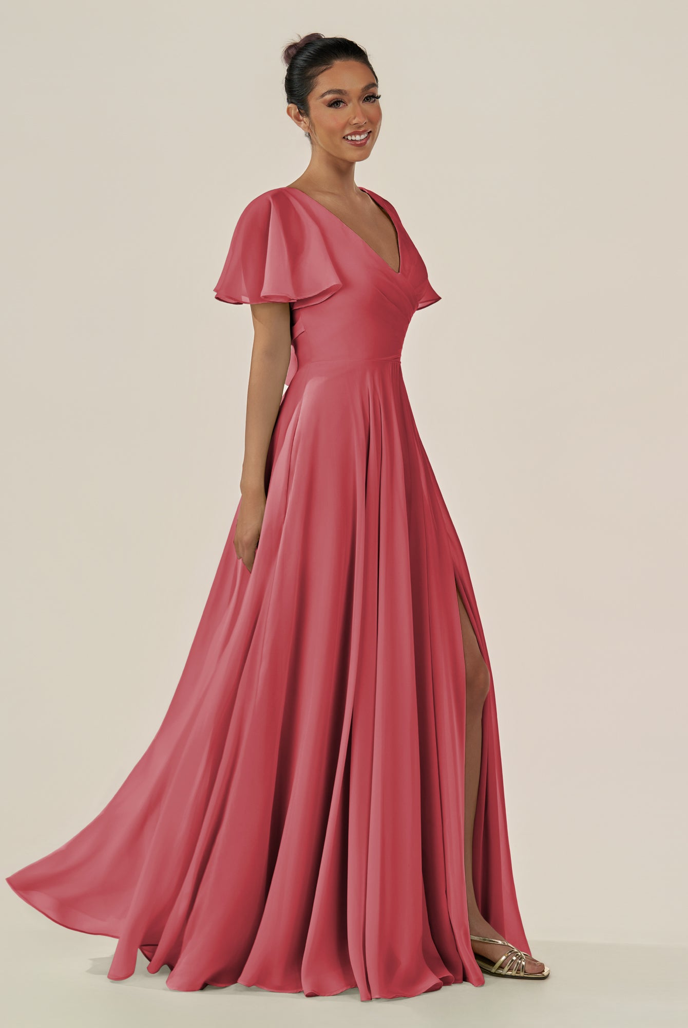 KissDress-Jania Merlot A Line Chiffon V Neck Long Bridesmaid Dress with Flutter Sleeves