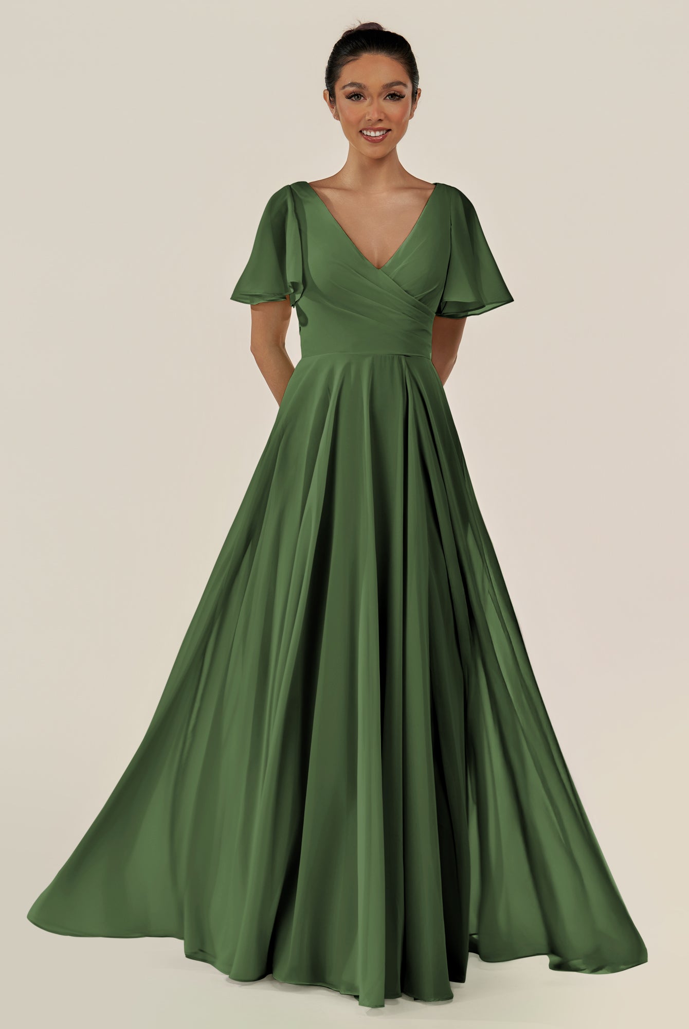 KissDress-Jania Moss A Line Chiffon V Neck Long Bridesmaid Dress with Flutter Sleeves