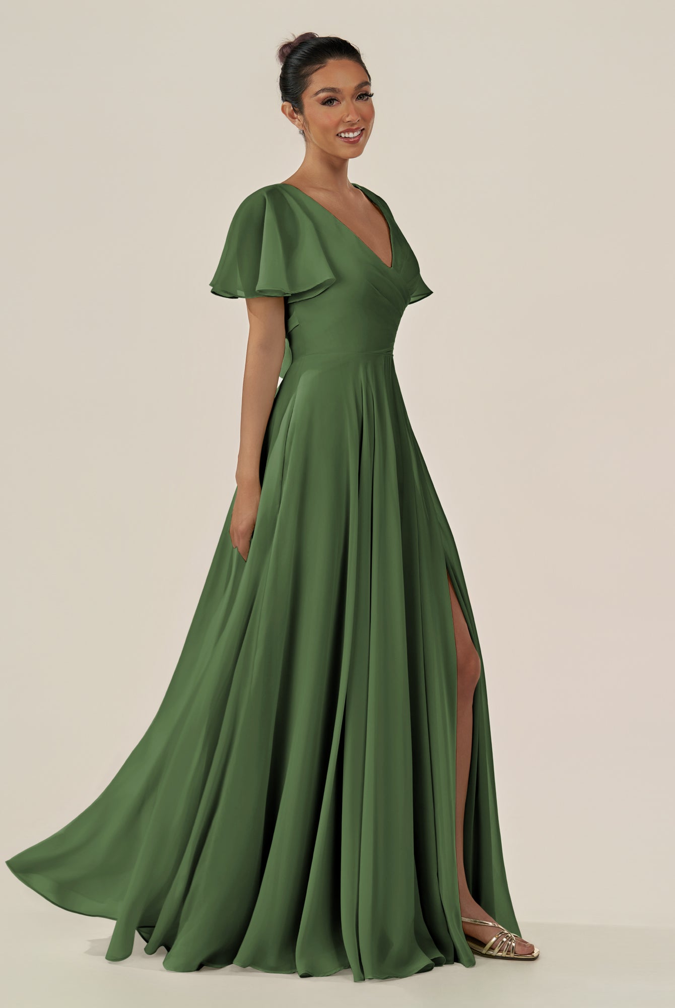 KissDress-Jania Moss A Line Chiffon V Neck Long Bridesmaid Dress with Flutter Sleeves