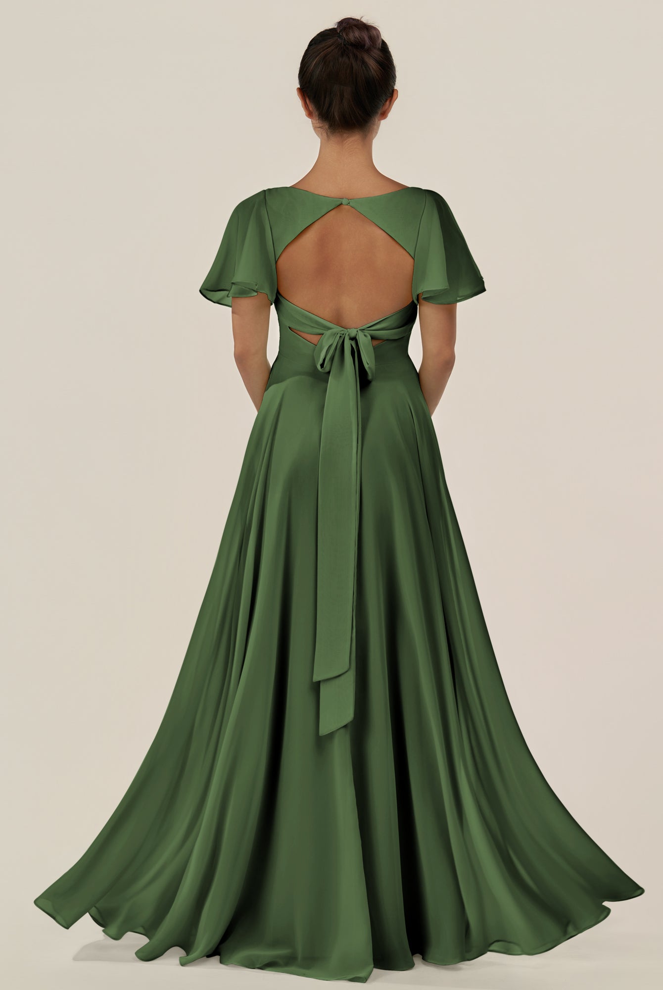KissDress-Jania Moss A Line Chiffon V Neck Long Bridesmaid Dress with Flutter Sleeves