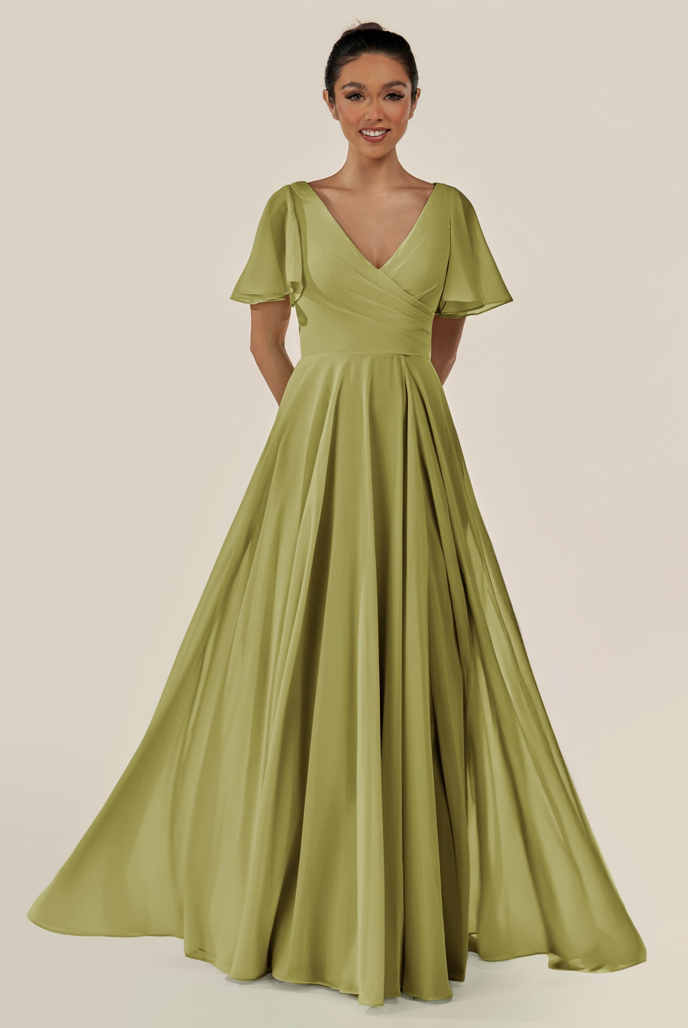 KissDress-Jania Moss Green A Line Chiffon V Neck Long Bridesmaid Dress with Flutter Sleeves