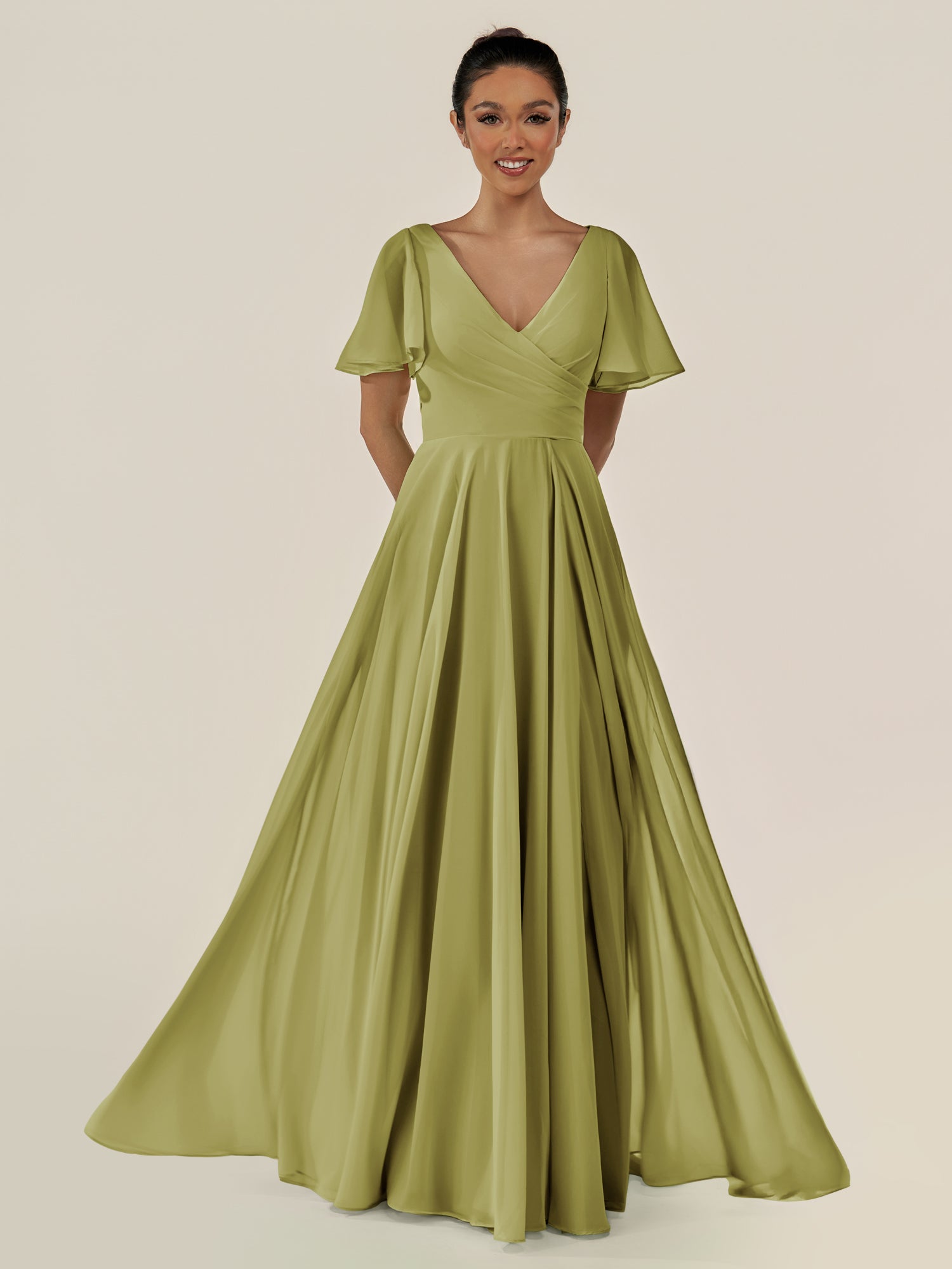 KissDress-Jania Moss Green A Line Chiffon V Neck Long Bridesmaid Dress with Flutter Sleeves