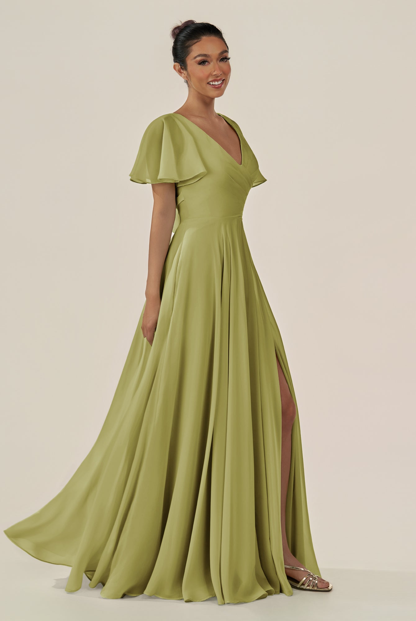KissDress-Jania Moss Green A Line Chiffon V Neck Long Bridesmaid Dress with Flutter Sleeves