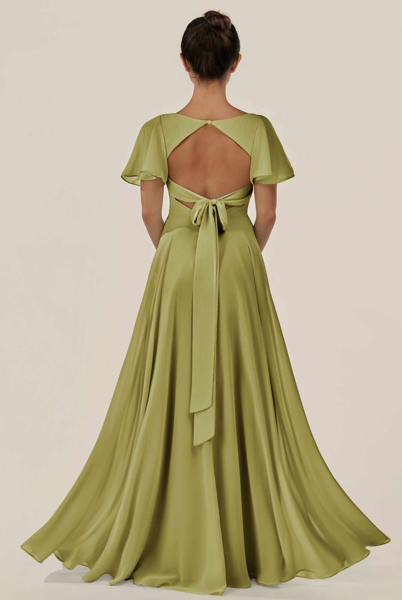 KissDress-Jania Moss Green A Line Chiffon V Neck Long Bridesmaid Dress with Flutter Sleeves