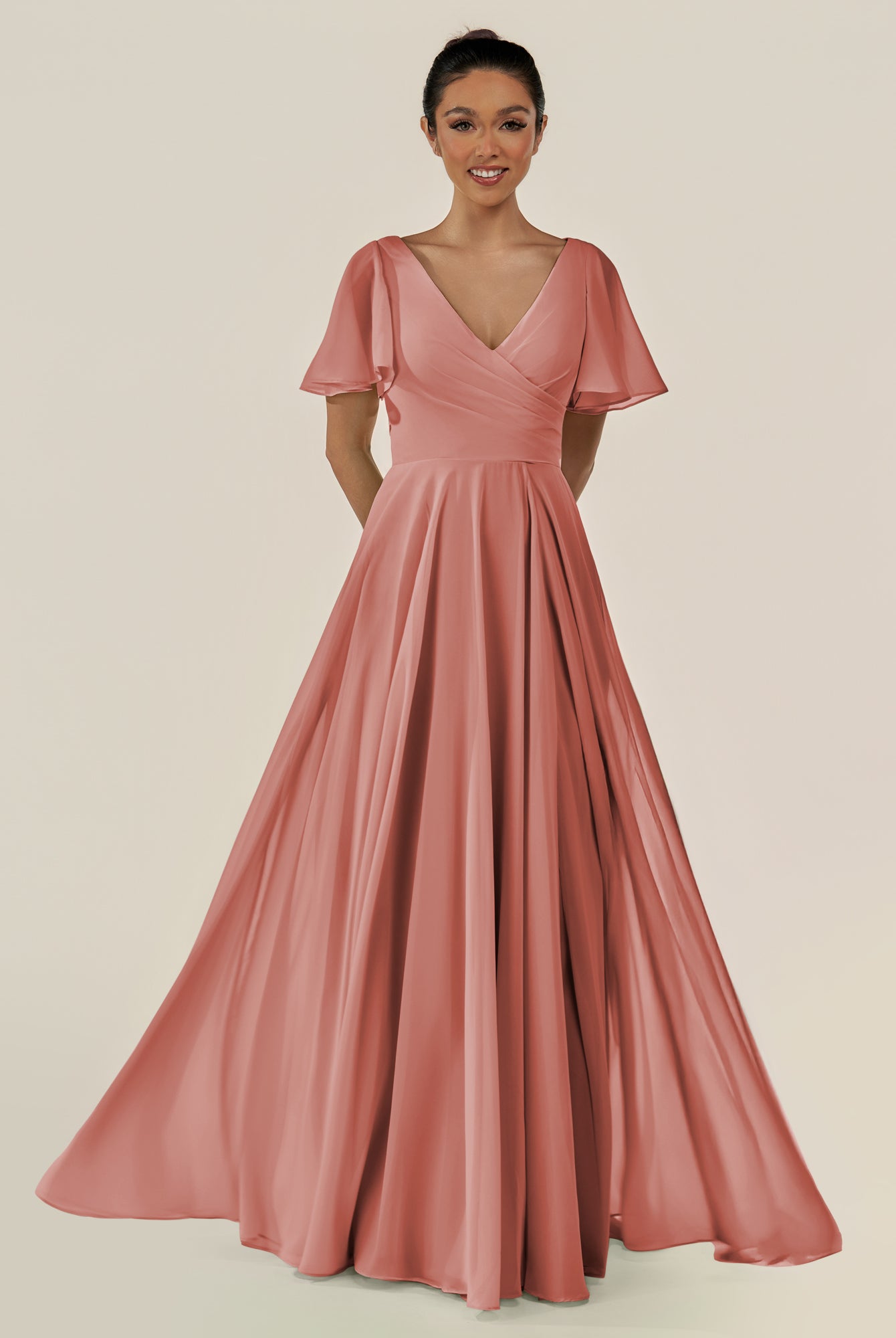 KissDress-Jania Mulberry A Line Chiffon V Neck Long Bridesmaid Dress with Flutter Sleeves