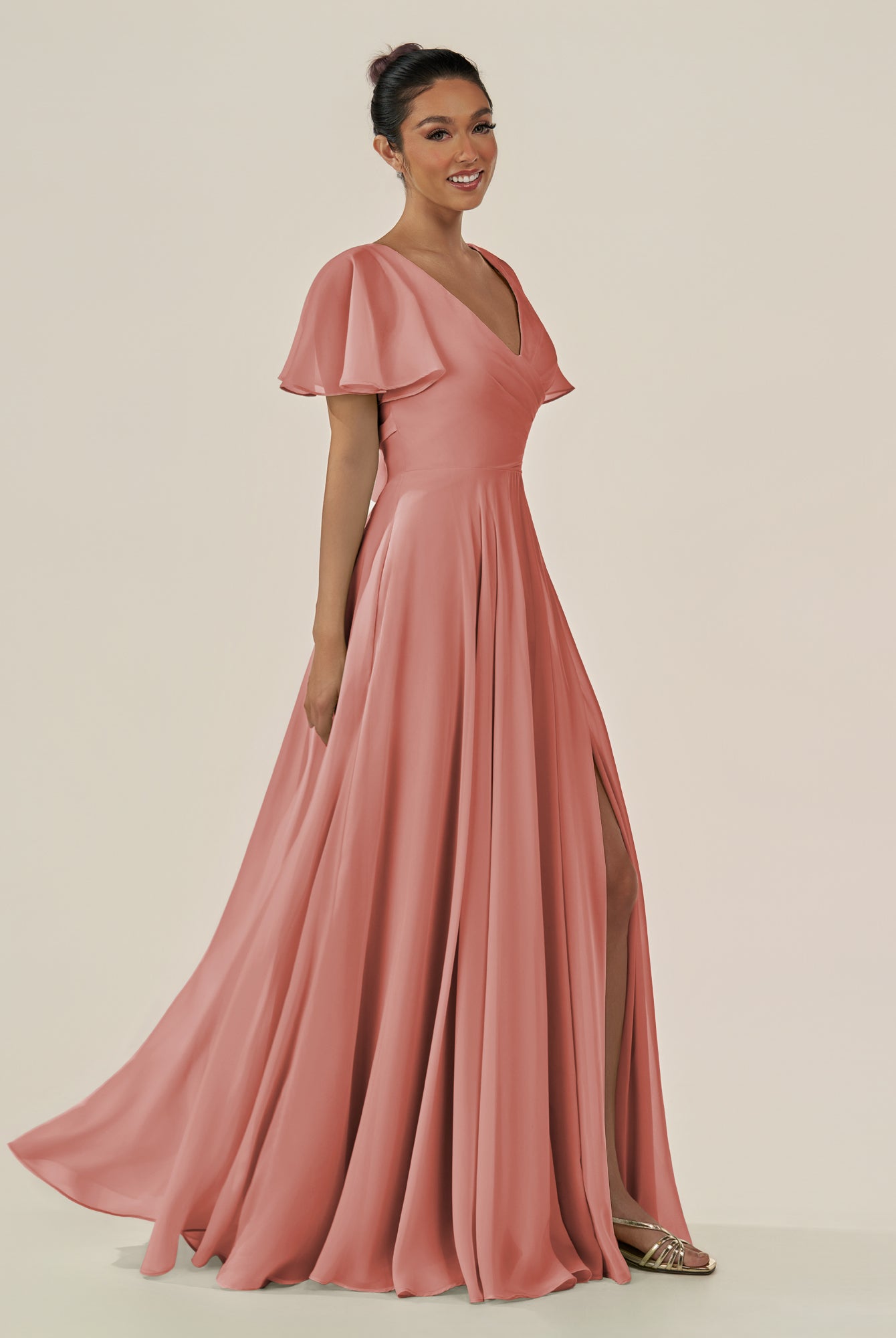 KissDress-Jania Mulberry A Line Chiffon V Neck Long Bridesmaid Dress with Flutter Sleeves