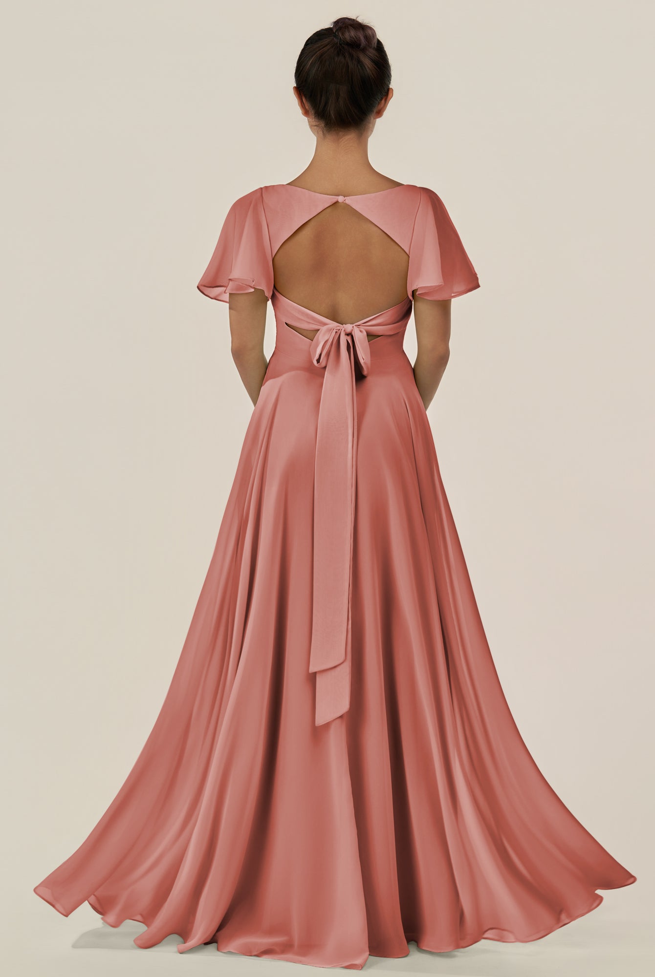 KissDress-Jania Mulberry A Line Chiffon V Neck Long Bridesmaid Dress with Flutter Sleeves