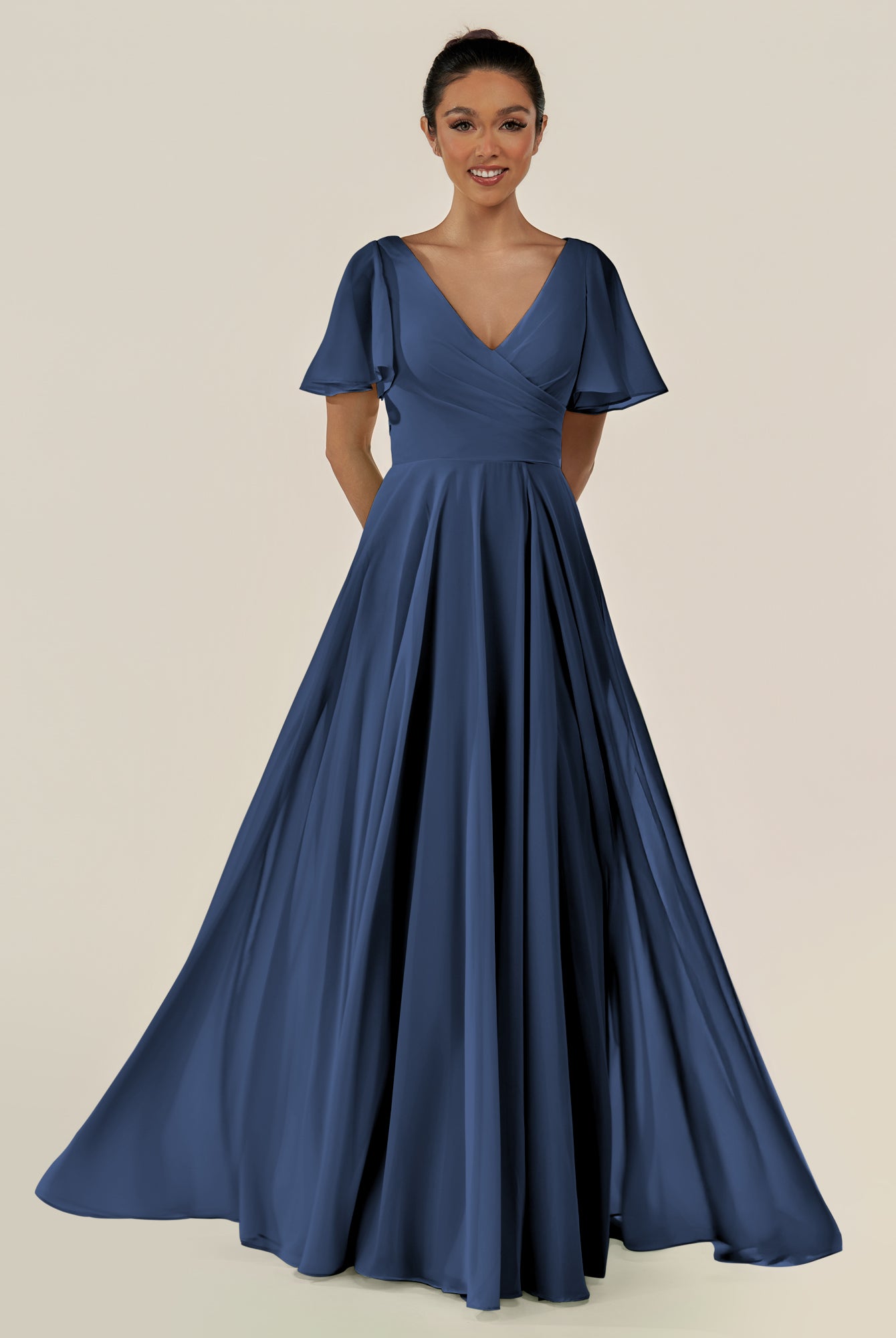 KissDress-Jania Navy A Line Chiffon V Neck Long Bridesmaid Dress with Flutter Sleeves