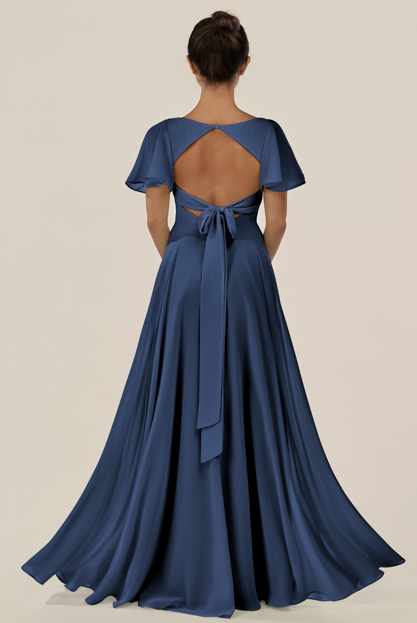KissDress-Jania Navy A Line Chiffon V Neck Long Bridesmaid Dress with Flutter Sleeves