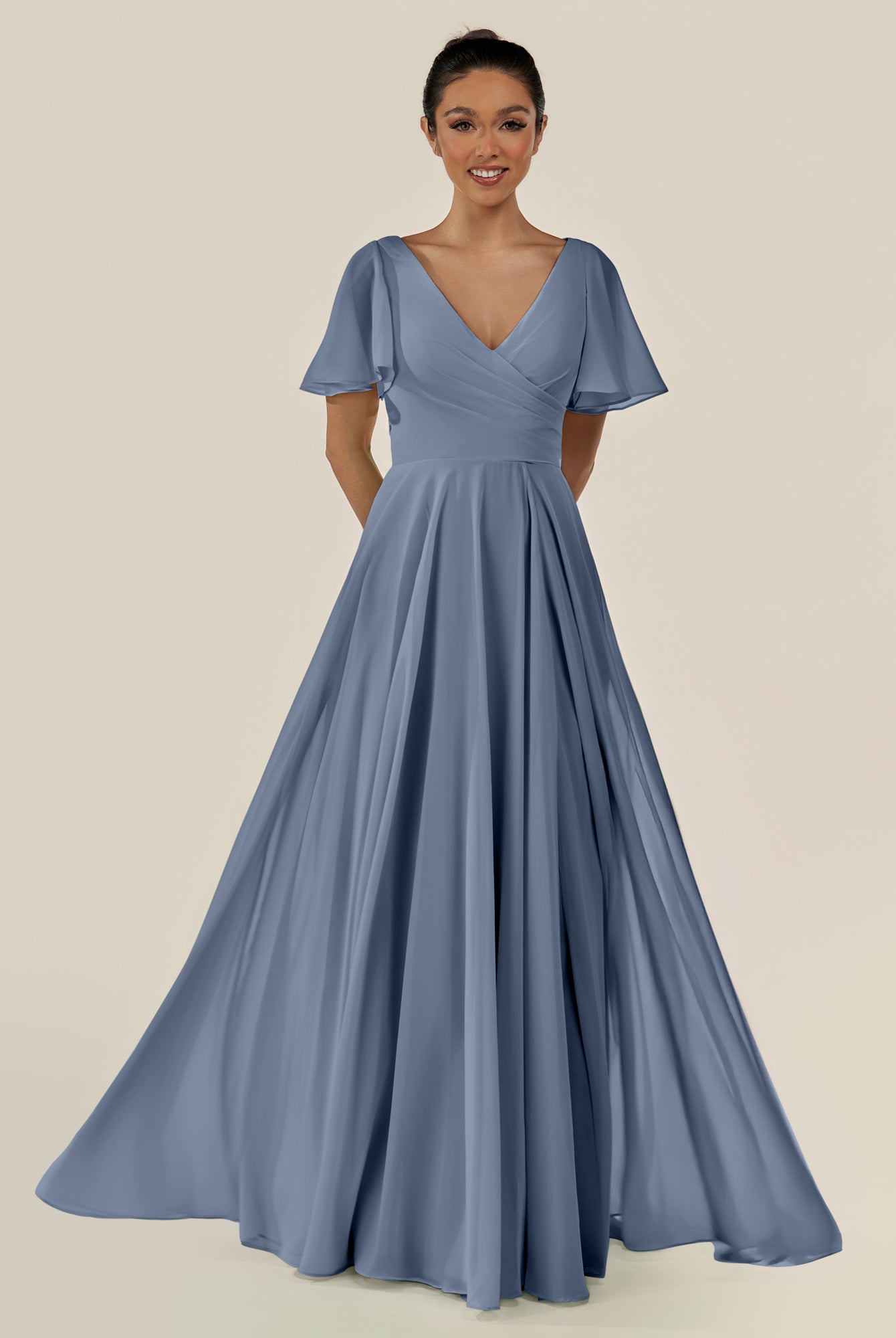 KissDress-Jania Neptune A Line Chiffon V Neck Long Bridesmaid Dress with Flutter Sleeves