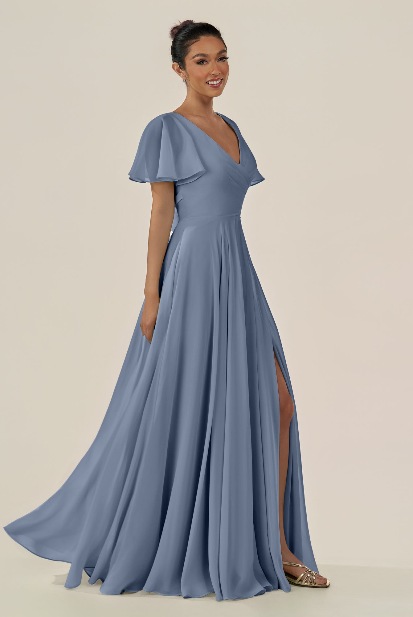 KissDress-Jania Neptune A Line Chiffon V Neck Long Bridesmaid Dress with Flutter Sleeves