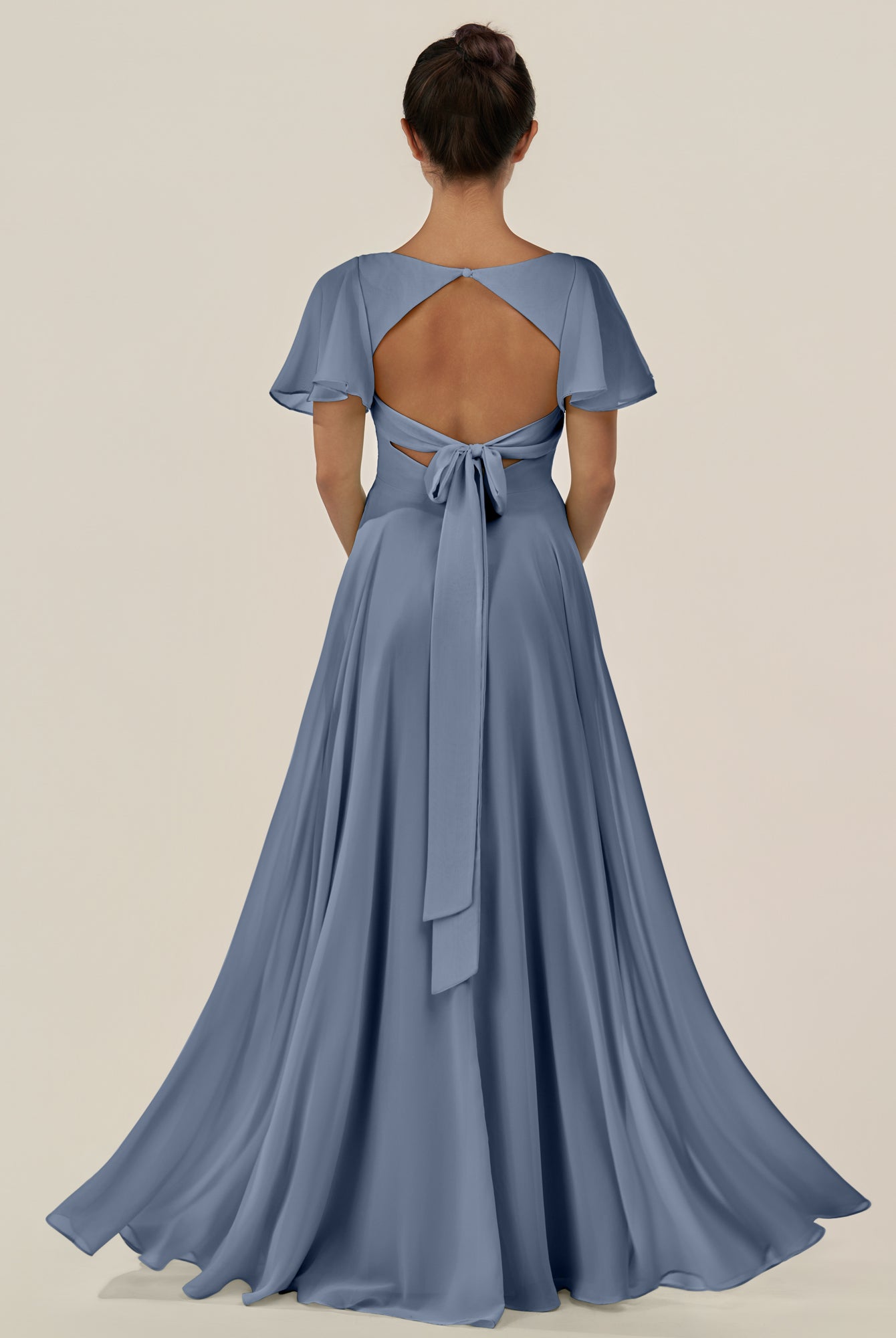 KissDress-Jania Neptune A Line Chiffon V Neck Long Bridesmaid Dress with Flutter Sleeves