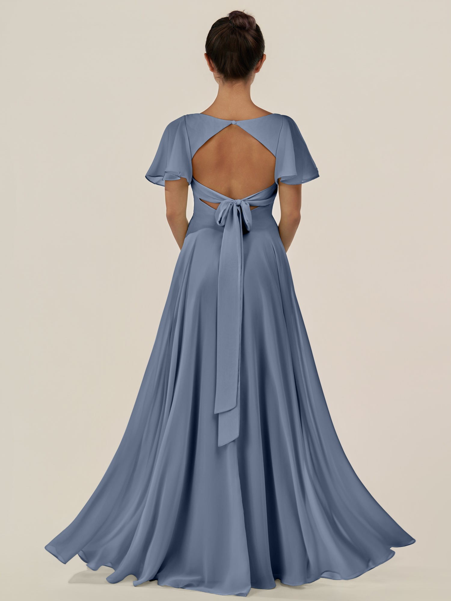 KissDress-Jania Neptune A Line Chiffon V Neck Long Bridesmaid Dress with Flutter Sleeves
