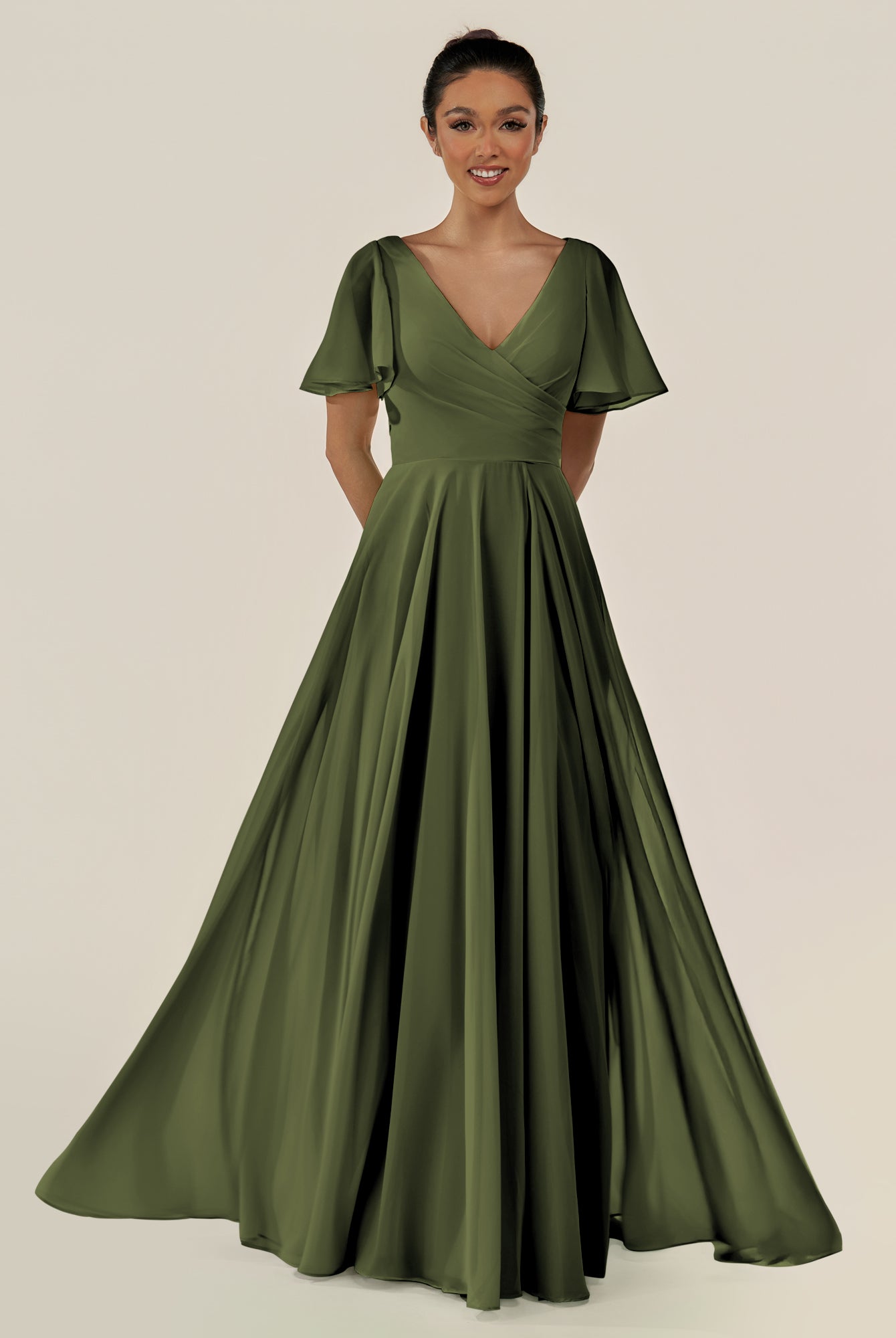 KissDress-Jania Olive A Line Chiffon V Neck Long Bridesmaid Dress with Flutter Sleeves