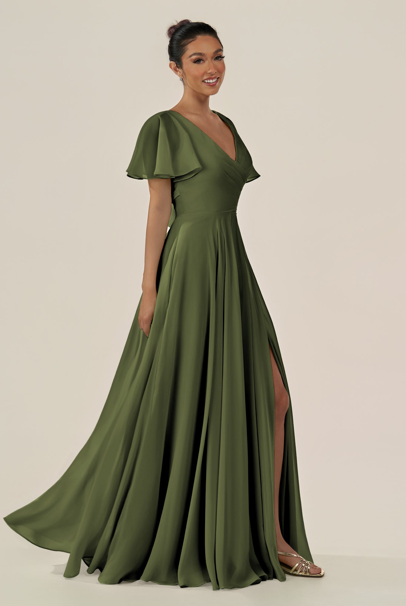 KissDress-Jania Olive A Line Chiffon V Neck Long Bridesmaid Dress with Flutter Sleeves