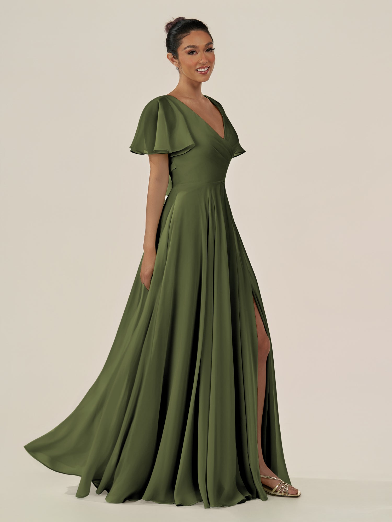 KissDress-Jania Olive A Line Chiffon V Neck Long Bridesmaid Dress with Flutter Sleeves