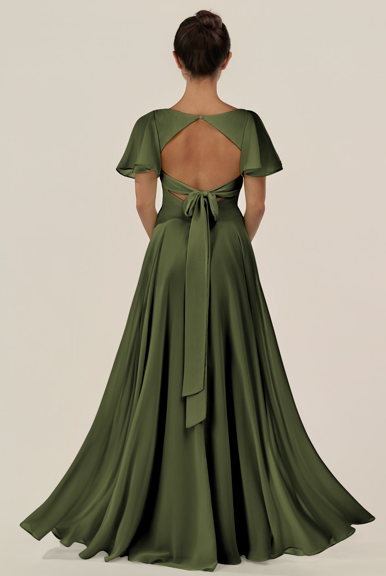 KissDress-Jania Olive A Line Chiffon V Neck Long Bridesmaid Dress with Flutter Sleeves