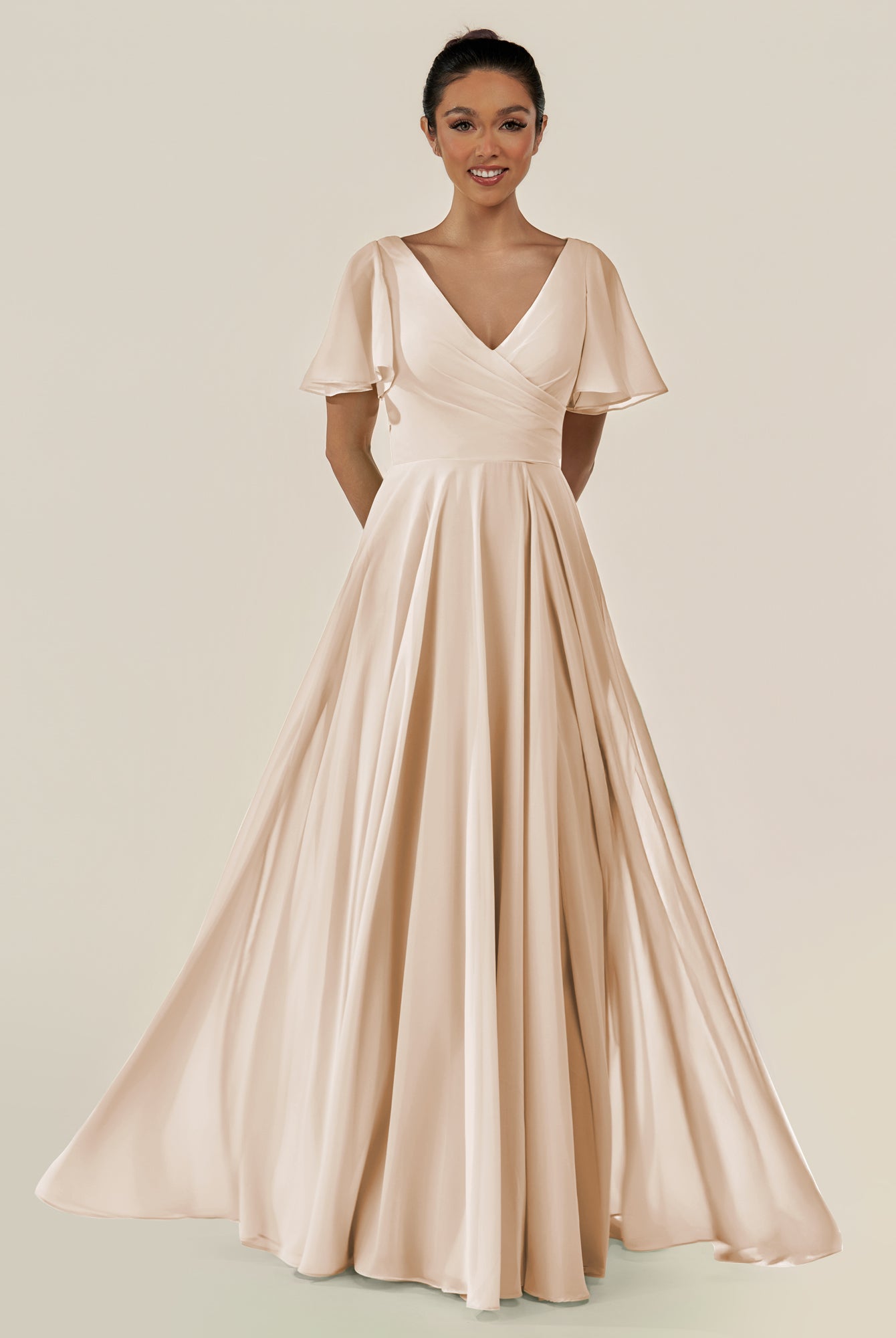 KissDress-Jania Pale Blush A Line Chiffon V Neck Long Bridesmaid Dress with Flutter Sleeves