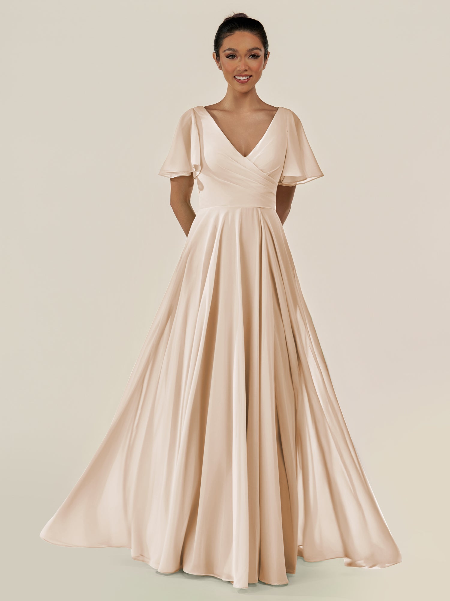 KissDress-Jania Pale Blush A Line Chiffon V Neck Long Bridesmaid Dress with Flutter Sleeves