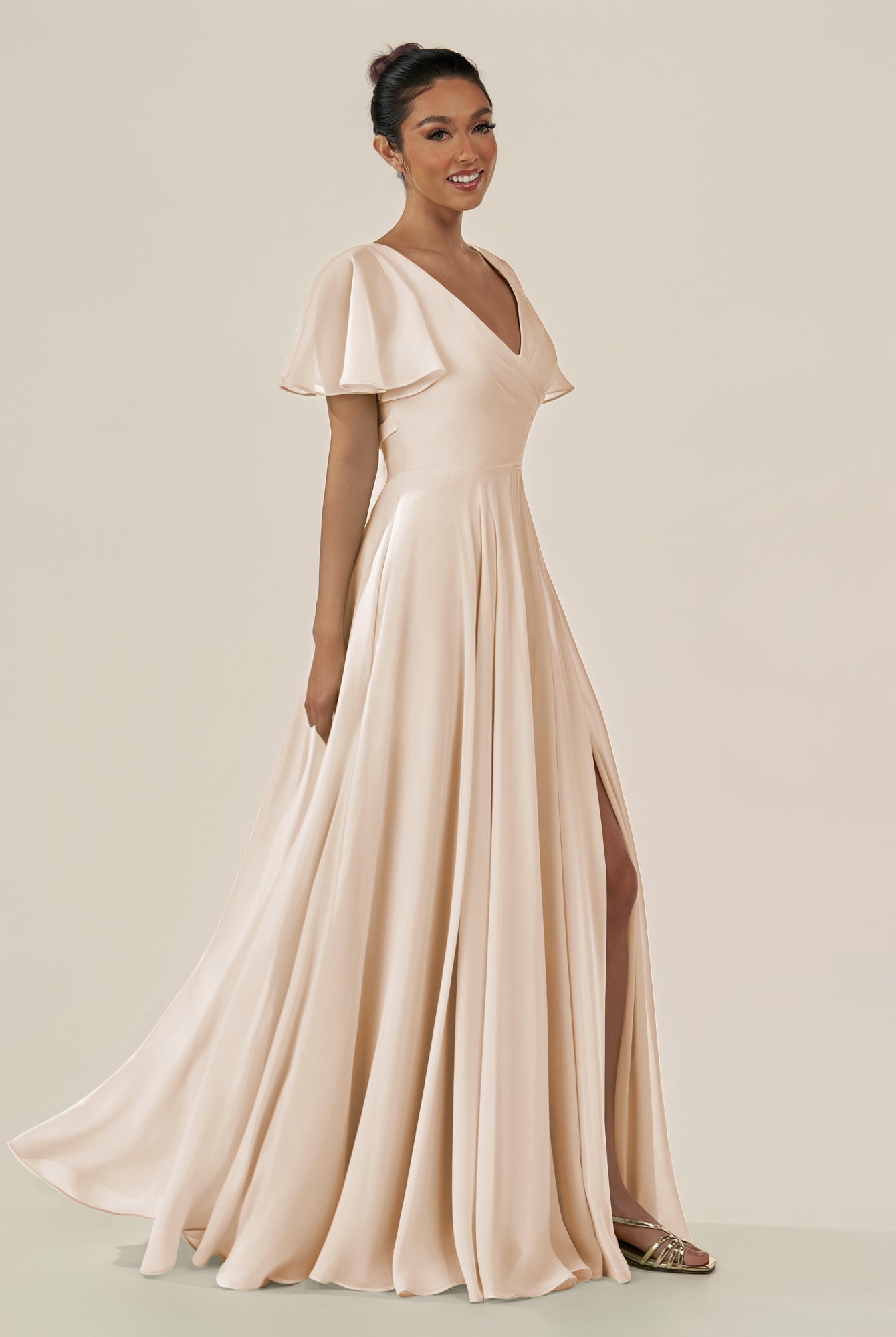 KissDress-Jania Pale Blush A Line Chiffon V Neck Long Bridesmaid Dress with Flutter Sleeves