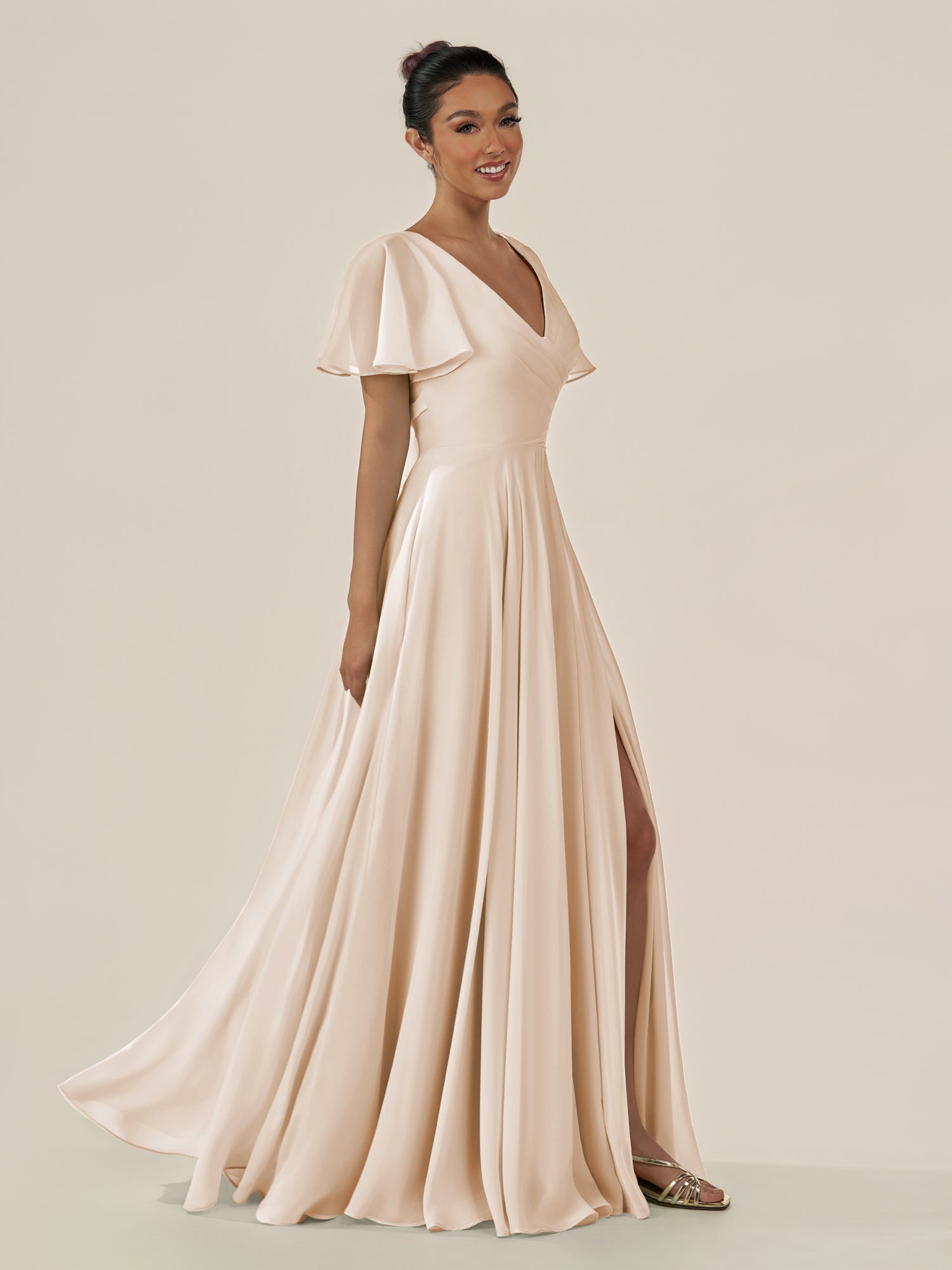 KissDress-Jania Pale Blush A Line Chiffon V Neck Long Bridesmaid Dress with Flutter Sleeves