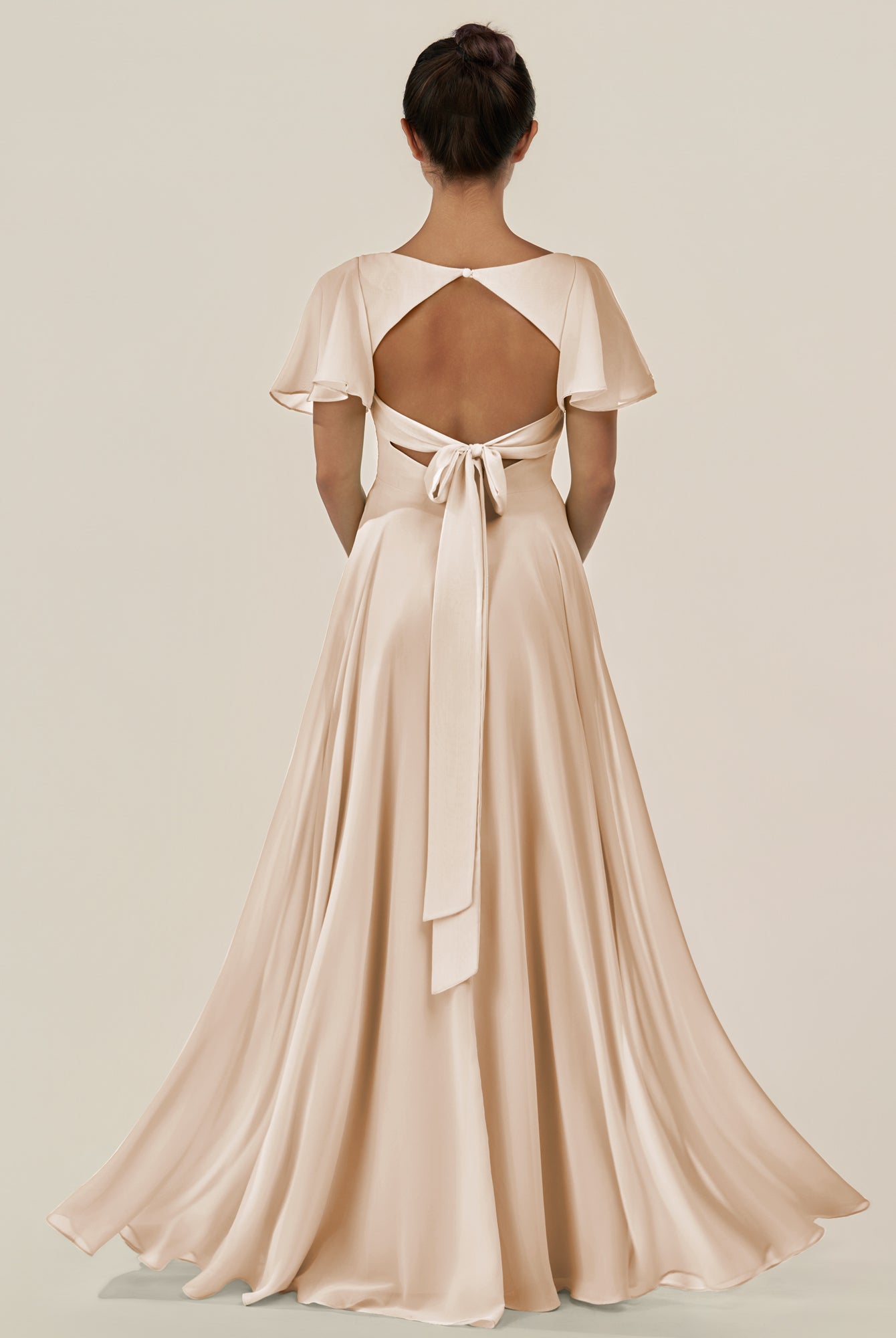 KissDress-Jania Pale Blush A Line Chiffon V Neck Long Bridesmaid Dress with Flutter Sleeves