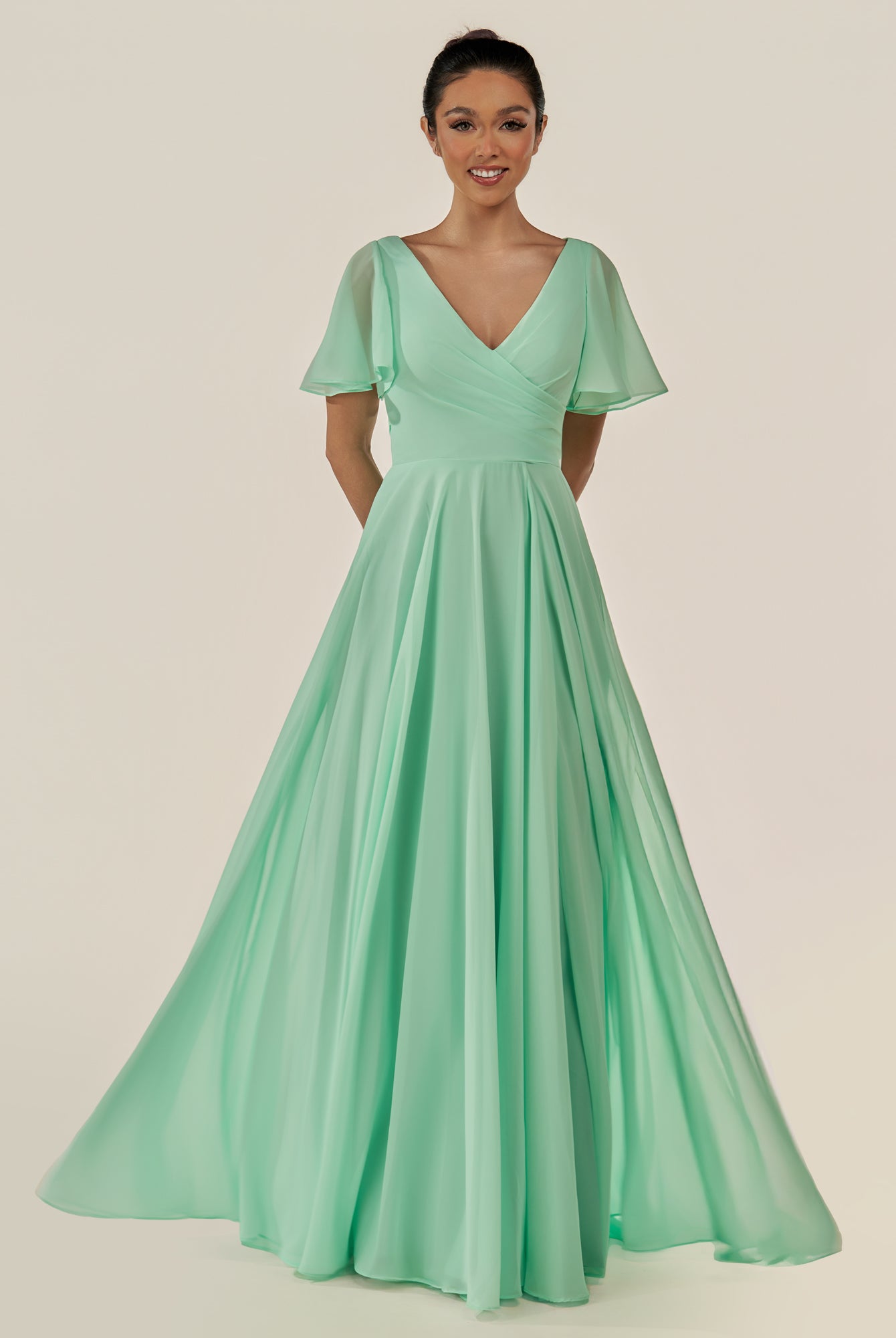 KissDress-Jania Pale Pistachio A Line Chiffon V Neck Long Bridesmaid Dress with Flutter Sleeves