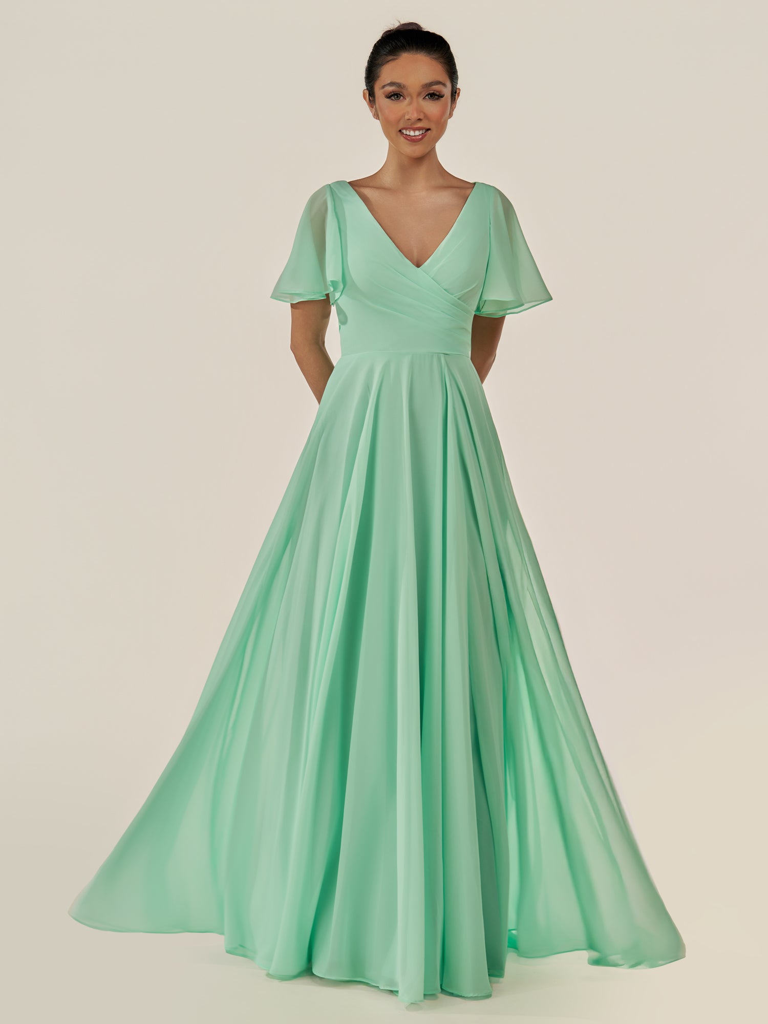 KissDress-Jania Pale Pistachio A Line Chiffon V Neck Long Bridesmaid Dress with Flutter Sleeves