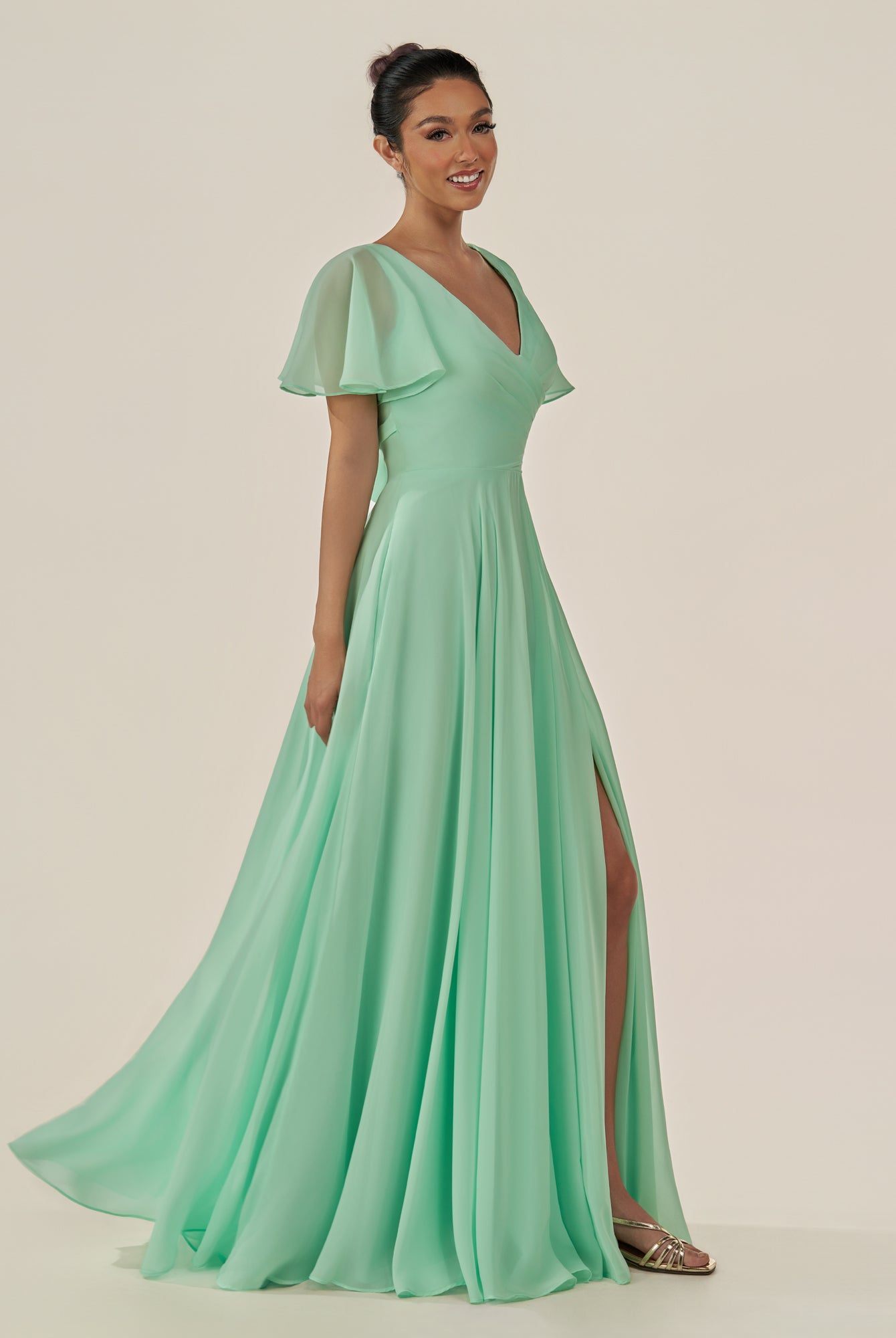 KissDress-Jania Pale Pistachio A Line Chiffon V Neck Long Bridesmaid Dress with Flutter Sleeves