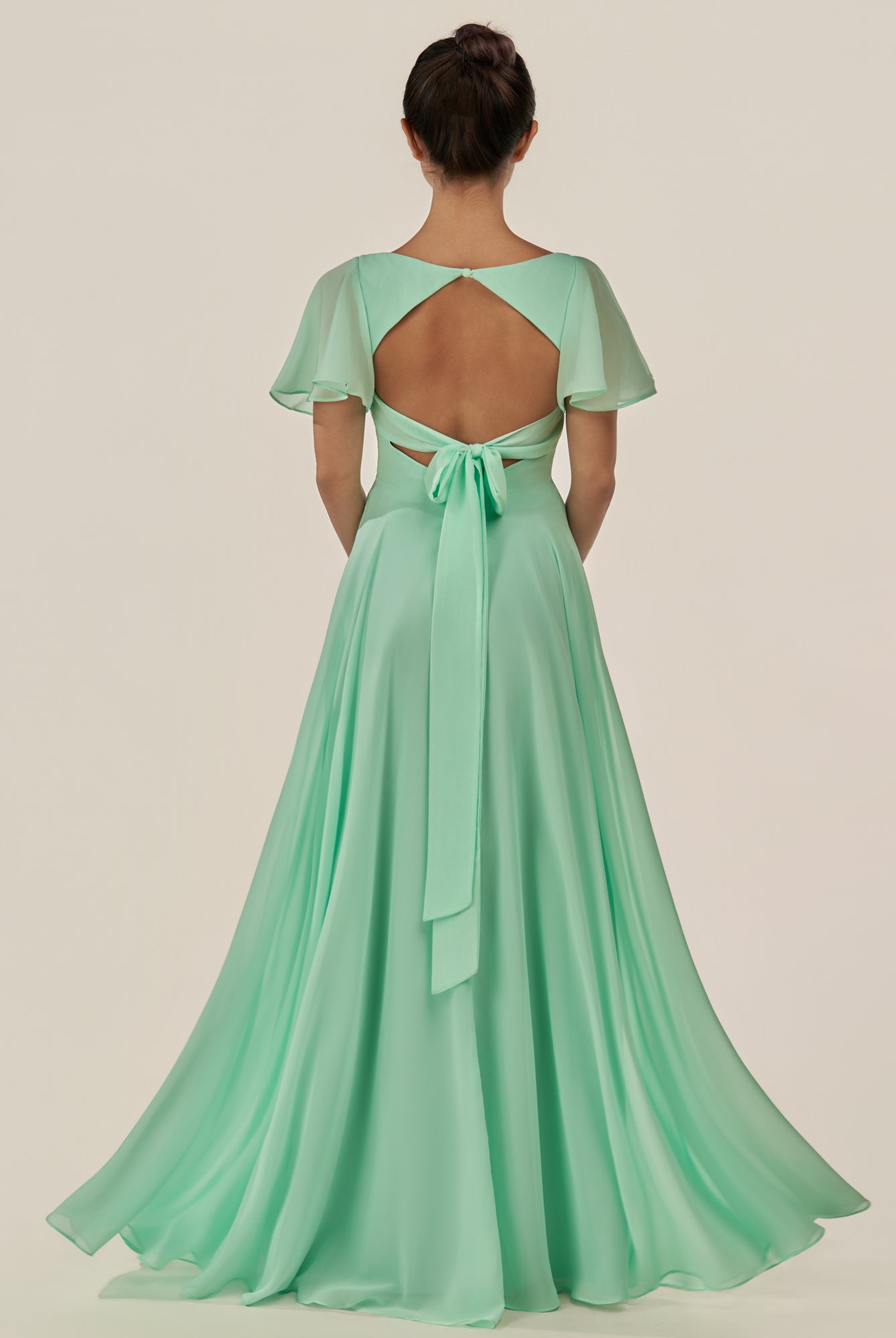KissDress-Jania Pale Pistachio A Line Chiffon V Neck Long Bridesmaid Dress with Flutter Sleeves