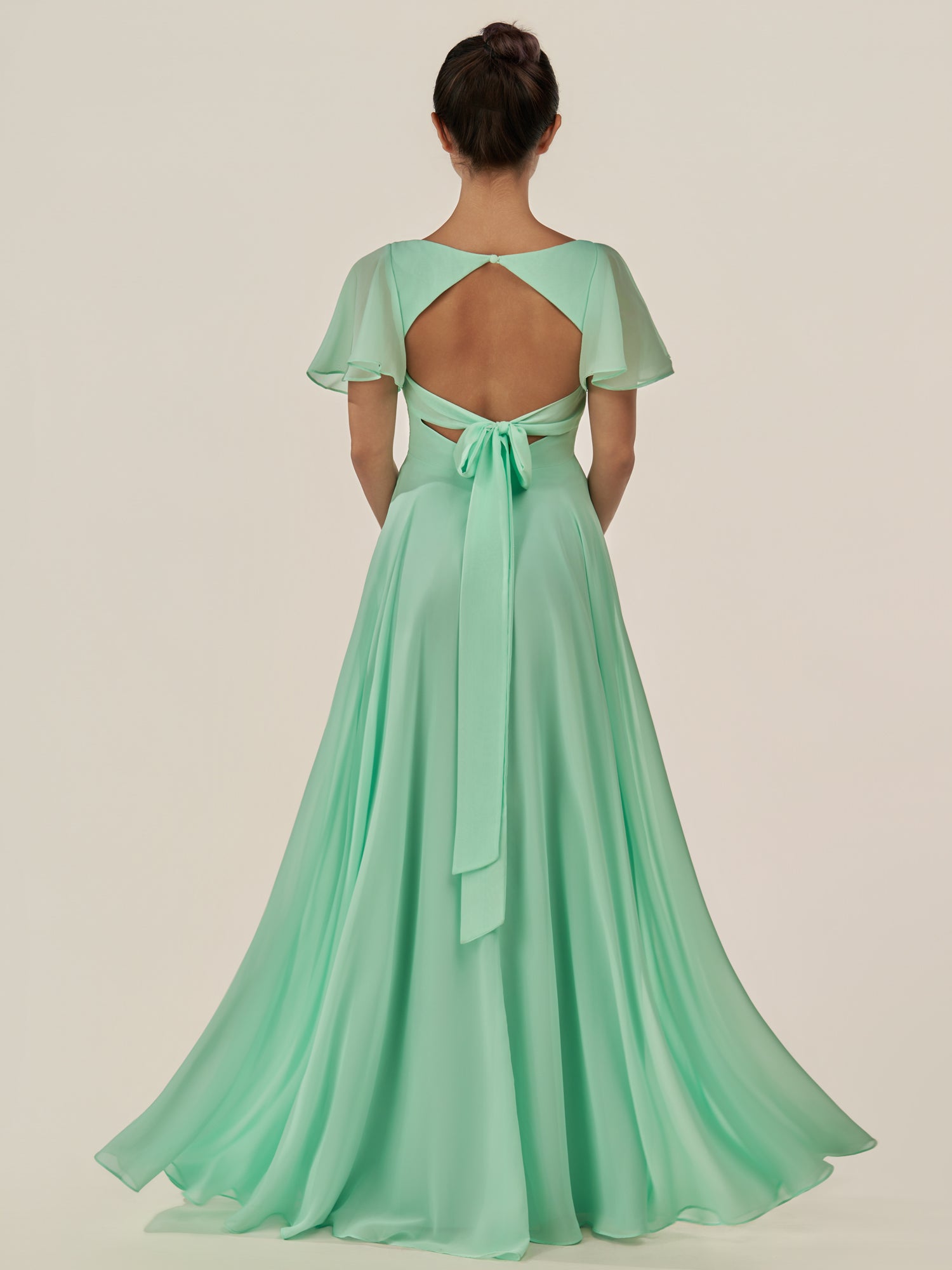 KissDress-Jania Pale Pistachio A Line Chiffon V Neck Long Bridesmaid Dress with Flutter Sleeves