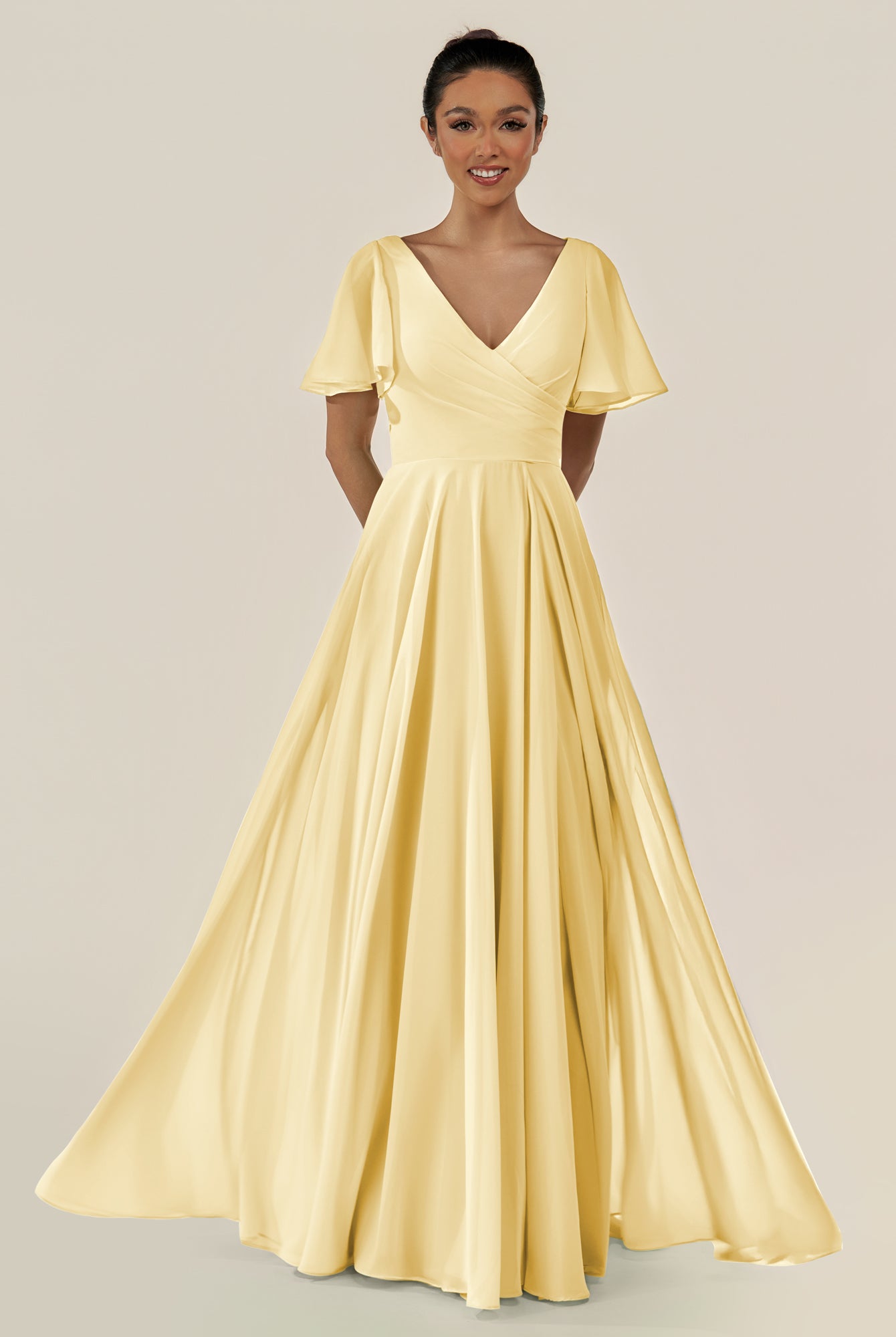 KissDress-Jania Pastel Yellow A Line Chiffon V Neck Long Bridesmaid Dress with Flutter Sleeves