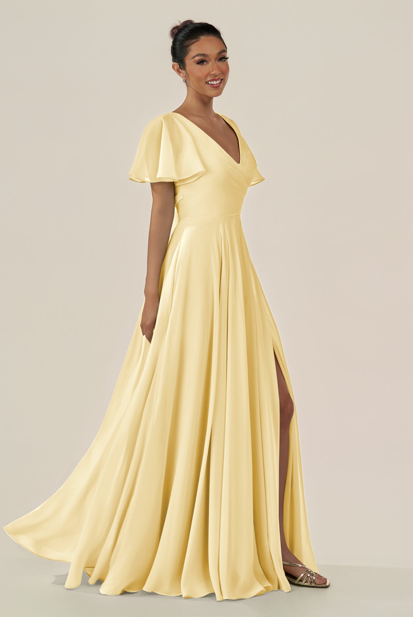 KissDress-Jania Pastel Yellow A Line Chiffon V Neck Long Bridesmaid Dress with Flutter Sleeves