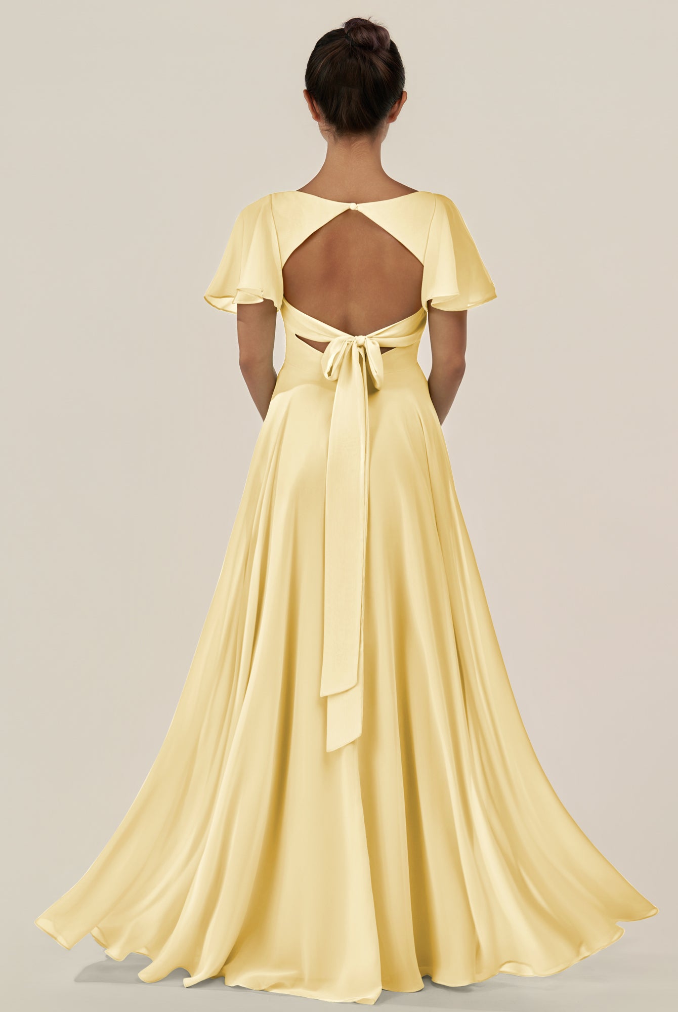 KissDress-Jania Pastel Yellow A Line Chiffon V Neck Long Bridesmaid Dress with Flutter Sleeves