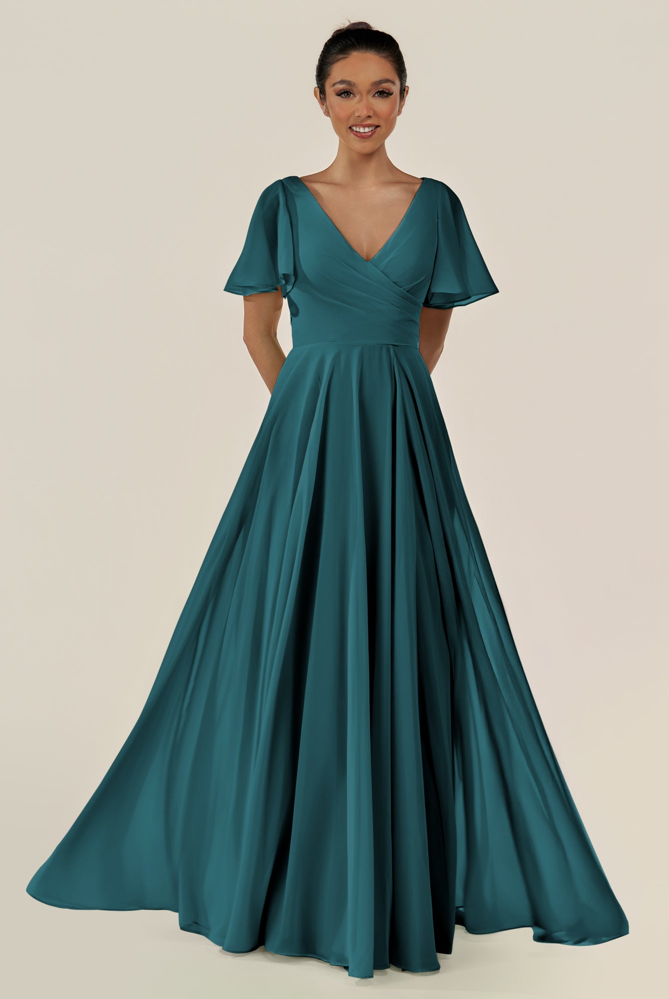 KissDress-Jania Pine A Line Chiffon V Neck Long Bridesmaid Dress with Flutter Sleeves