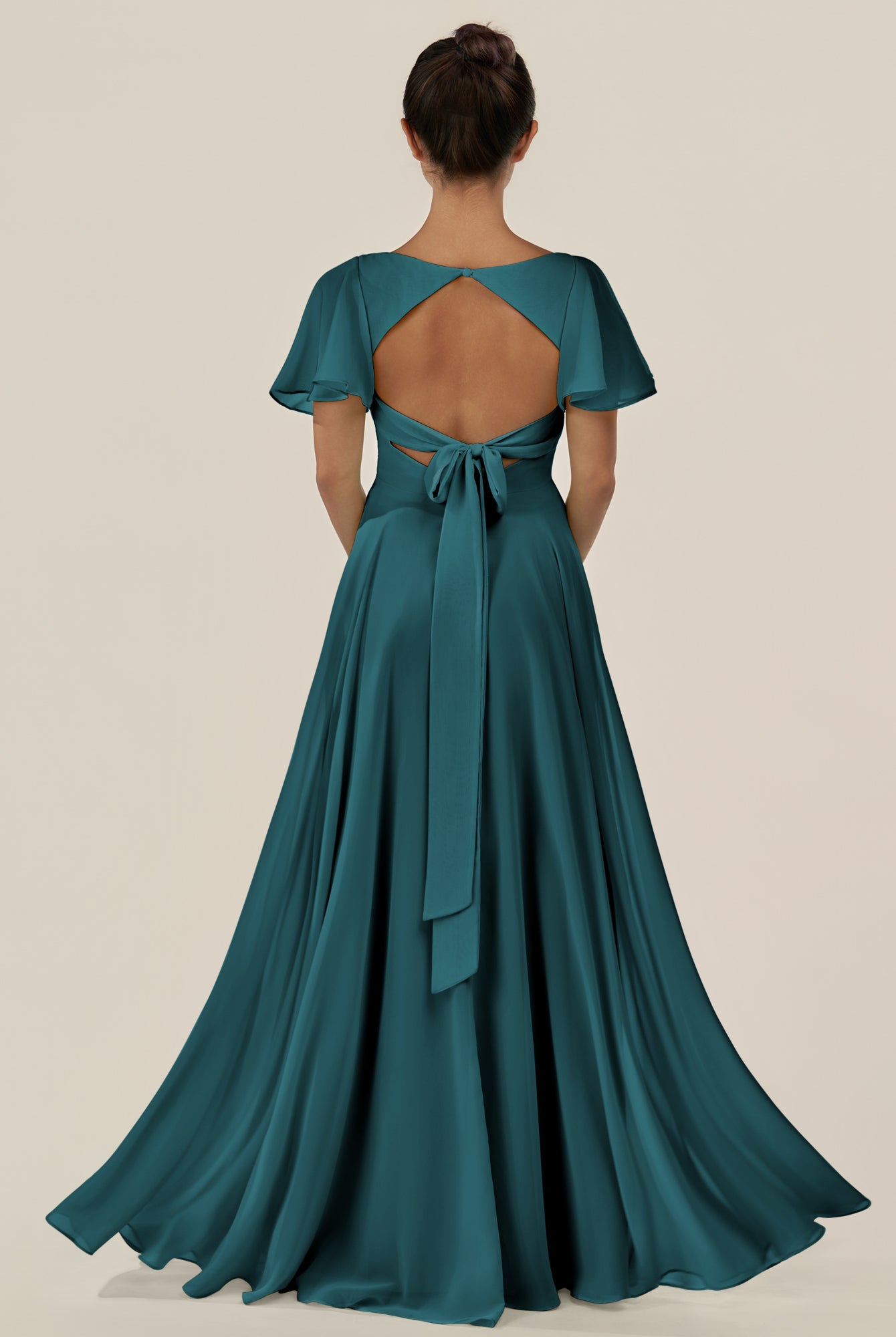 KissDress-Jania Pine A Line Chiffon V Neck Long Bridesmaid Dress with Flutter Sleeves