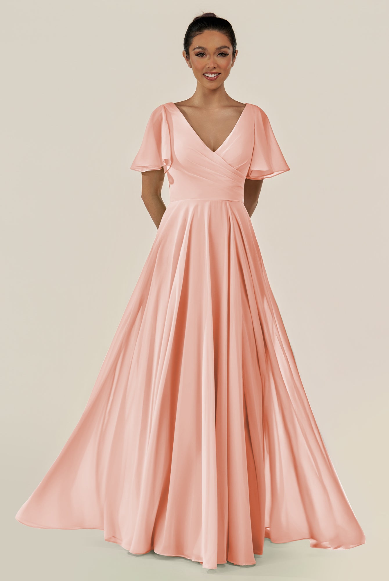 KissDress-Jania Rose Petal A Line Chiffon V Neck Long Bridesmaid Dress with Flutter Sleeves