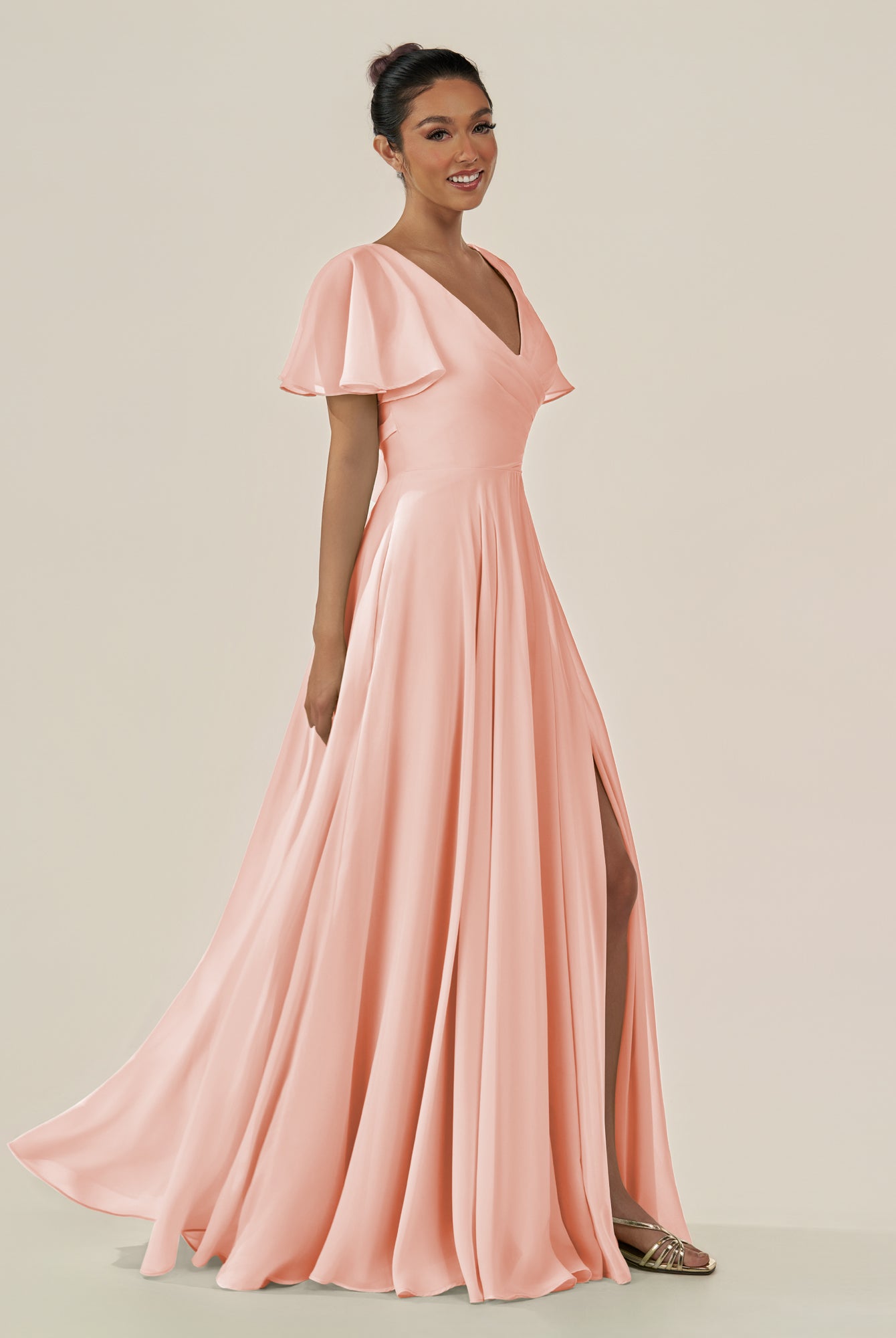 KissDress-Jania Rose Petal A Line Chiffon V Neck Long Bridesmaid Dress with Flutter Sleeves