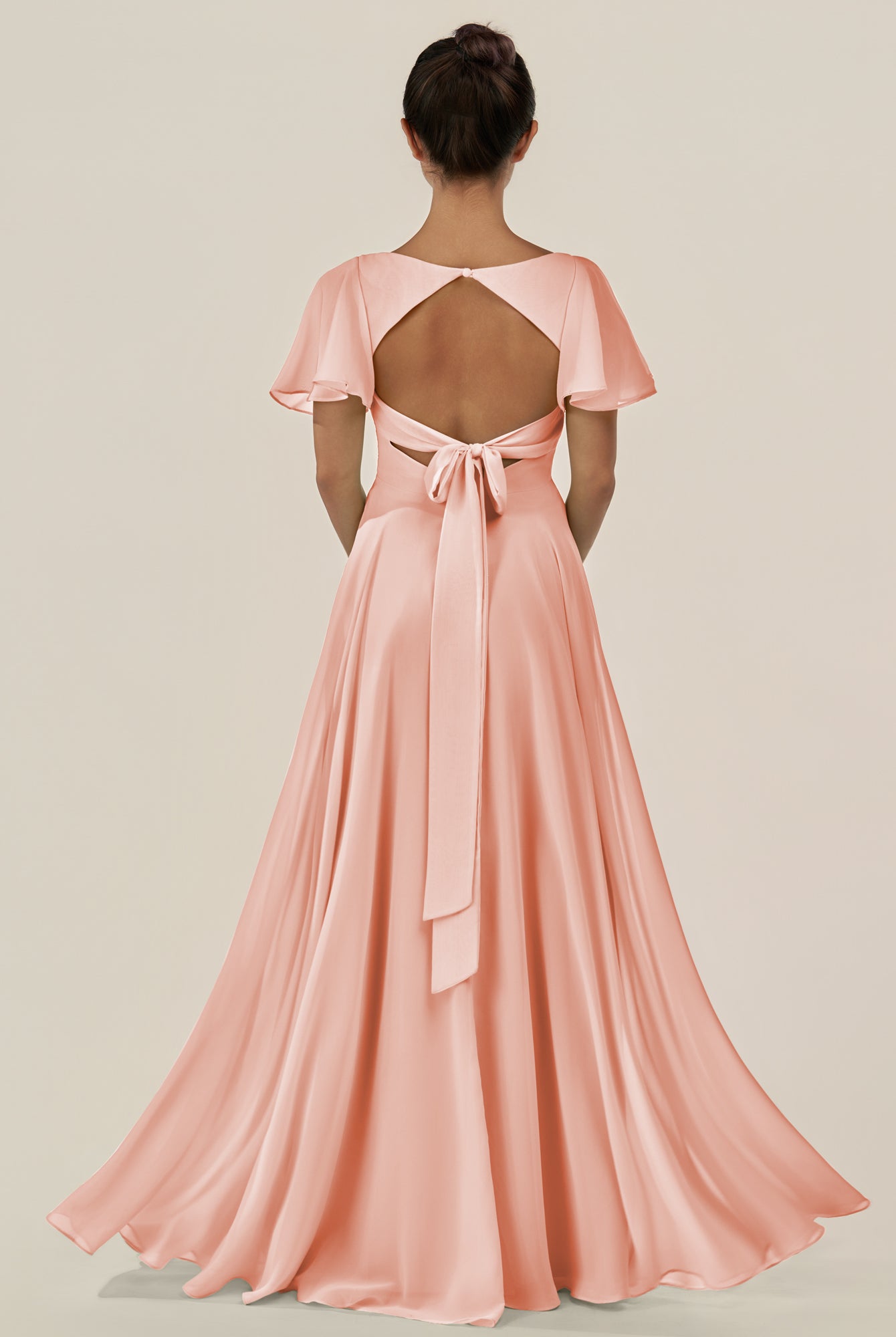 KissDress-Jania Rose Petal A Line Chiffon V Neck Long Bridesmaid Dress with Flutter Sleeves