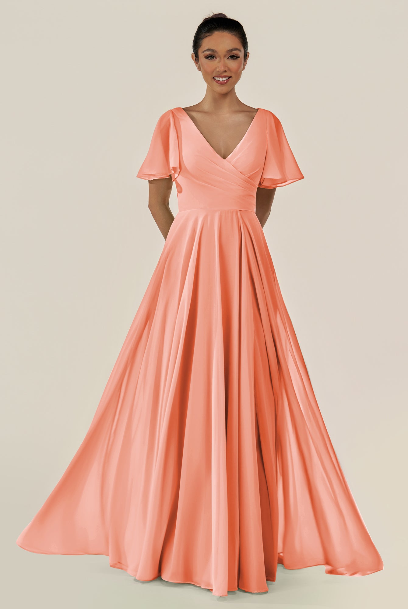 KissDress-Jania Rosette A Line Chiffon V Neck Long Bridesmaid Dress with Flutter Sleeves